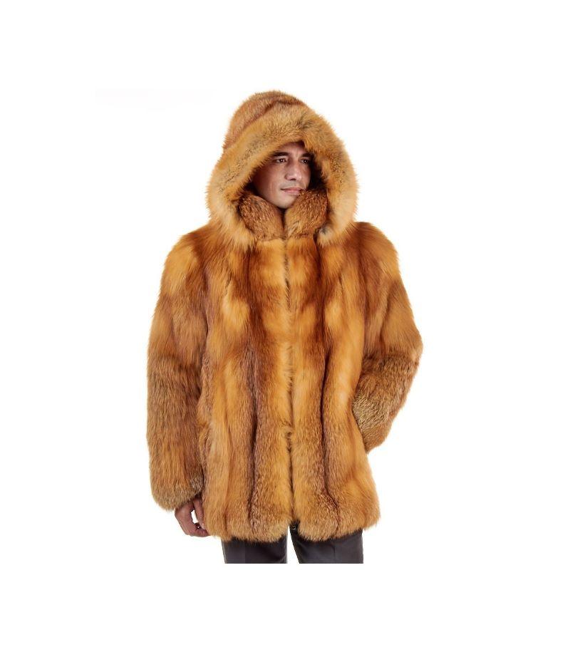 Brown Brand new men's Red Fox fur coat size L For Sale