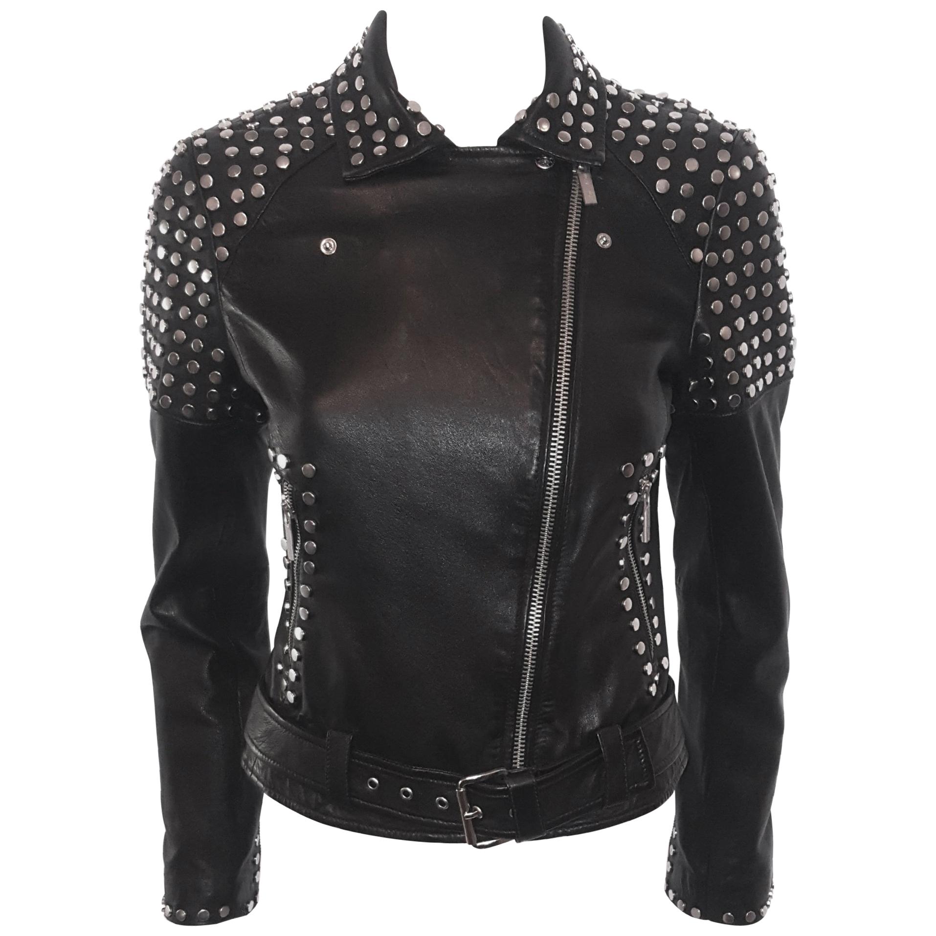 Brand New Michael Kors Silver Studded Black Lambskin Bomber Jacket