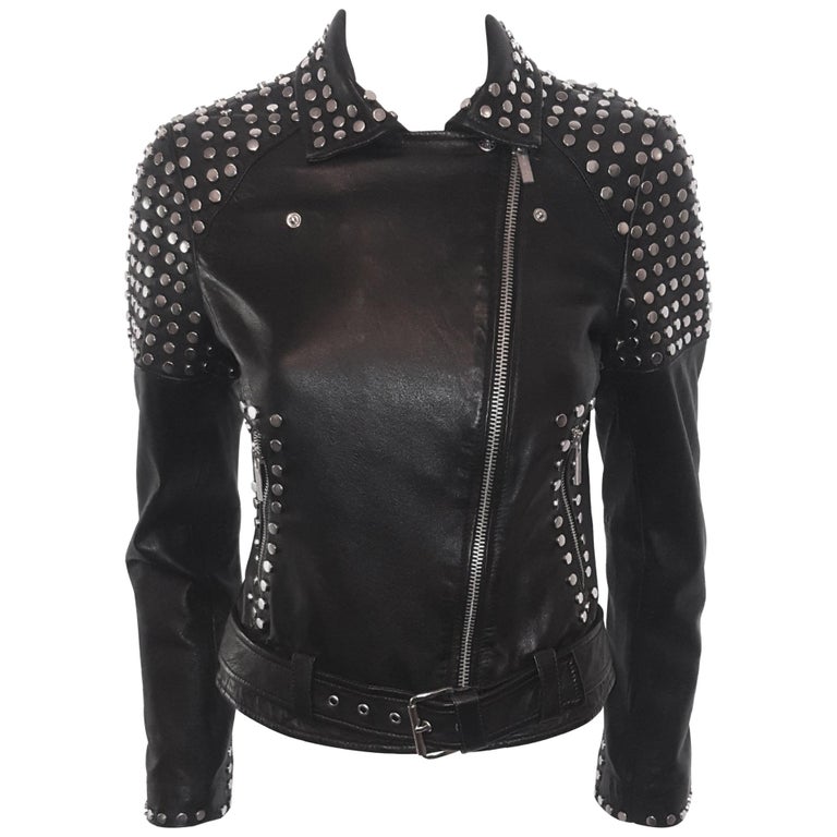 Brand New Michael Kors Silver Studded Black Lambskin Bomber Jacket at
