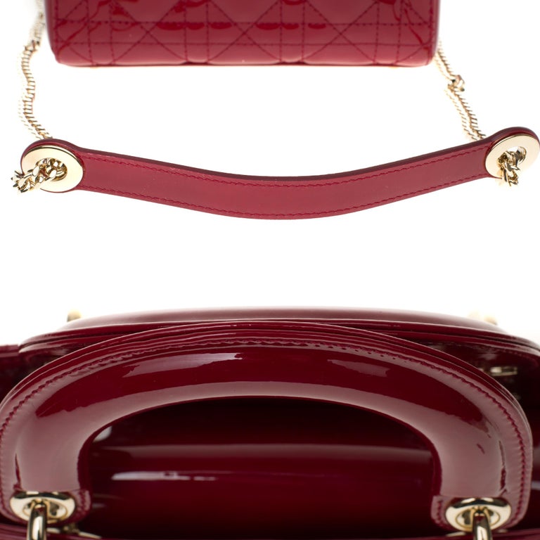 Brand New Mini Lady Dior Handbag With Strap In Cherry Red Patent Leather At 1stdibs