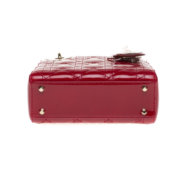 Brand New Mini Lady Dior Handbag With Strap In Cherry Red Patent Leather At 1stdibs