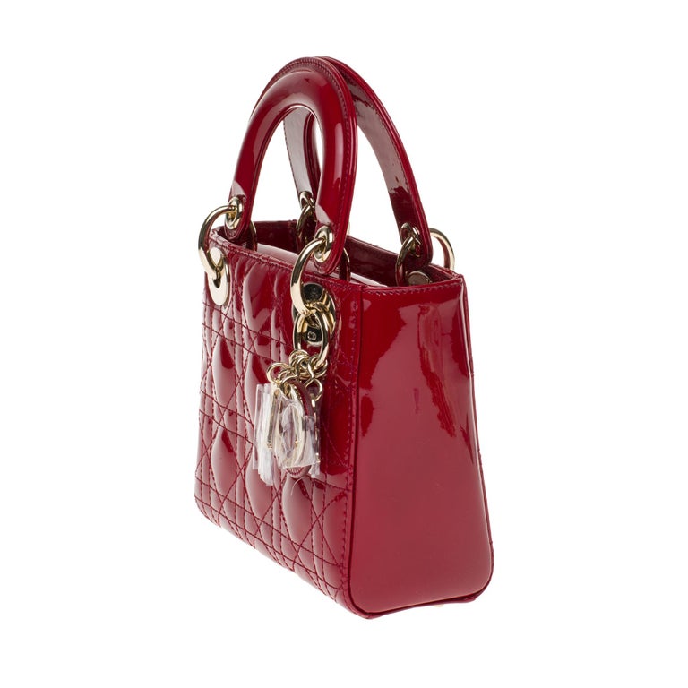 Brand New Mini Lady Dior Handbag With Strap In Cherry Red Patent Leather At 1stdibs