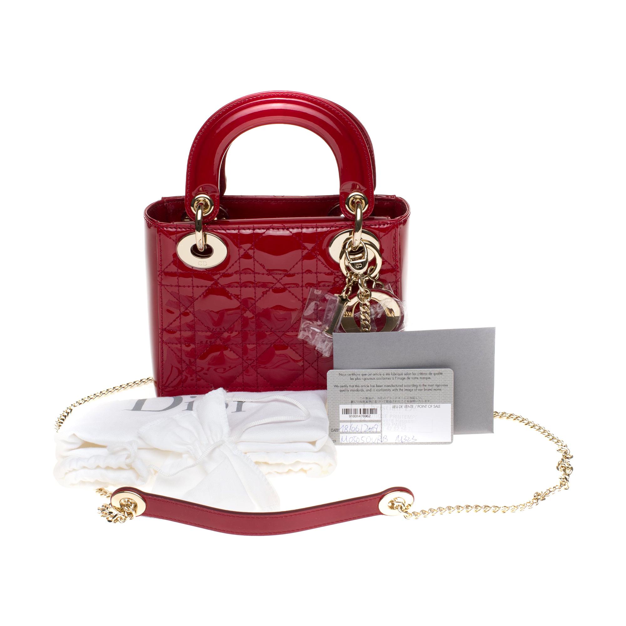 Brand new - Mini Lady Dior handbag with strap in cherry red patent leather