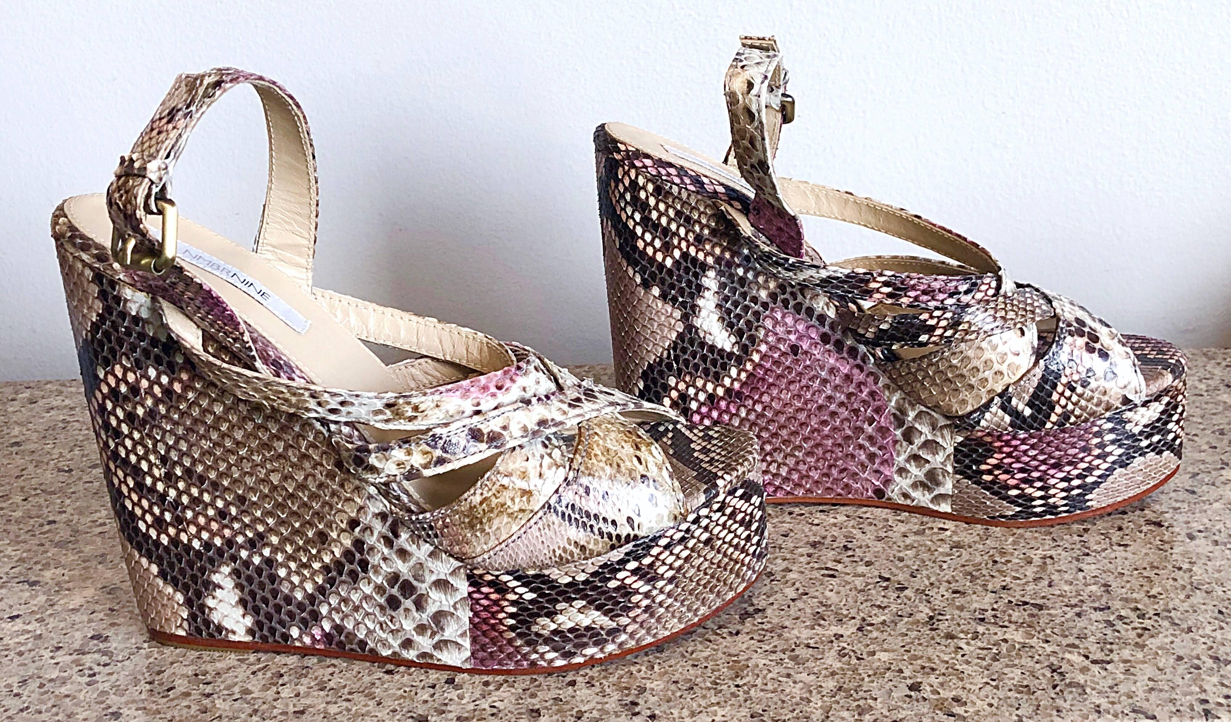 Gray Brand New Nmbr Nine Size 9 Python Pink Snakeskin Platform Wedges Heels Sandals For Sale