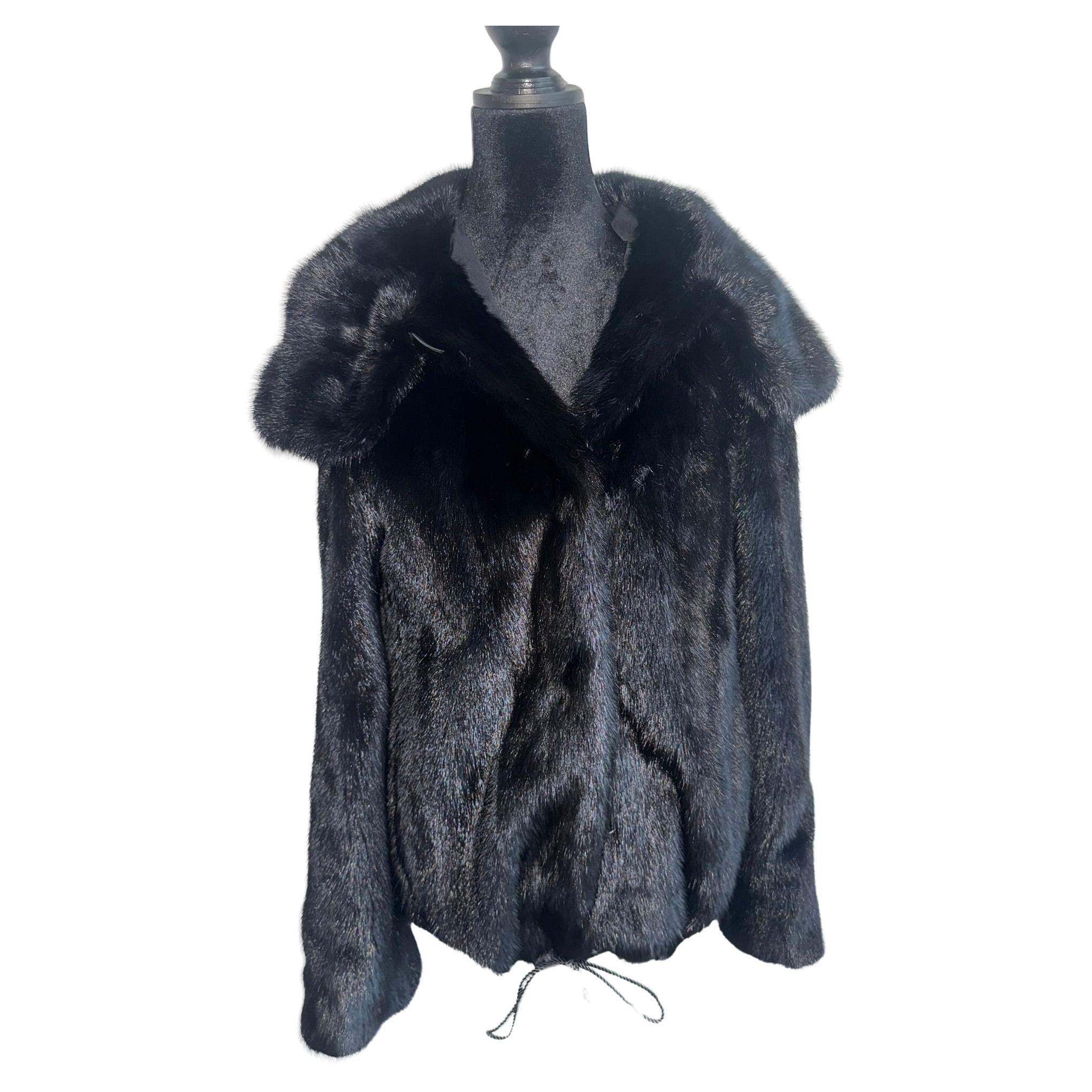 Nuova giacca in pelliccia di visone nero pece con doppio cappuccio di pelliccia (Taglia 8 - M)