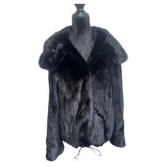 Nuova giacca in pelliccia di visone nero pece con doppio cappuccio di pelliccia (Taglia 8 - M)