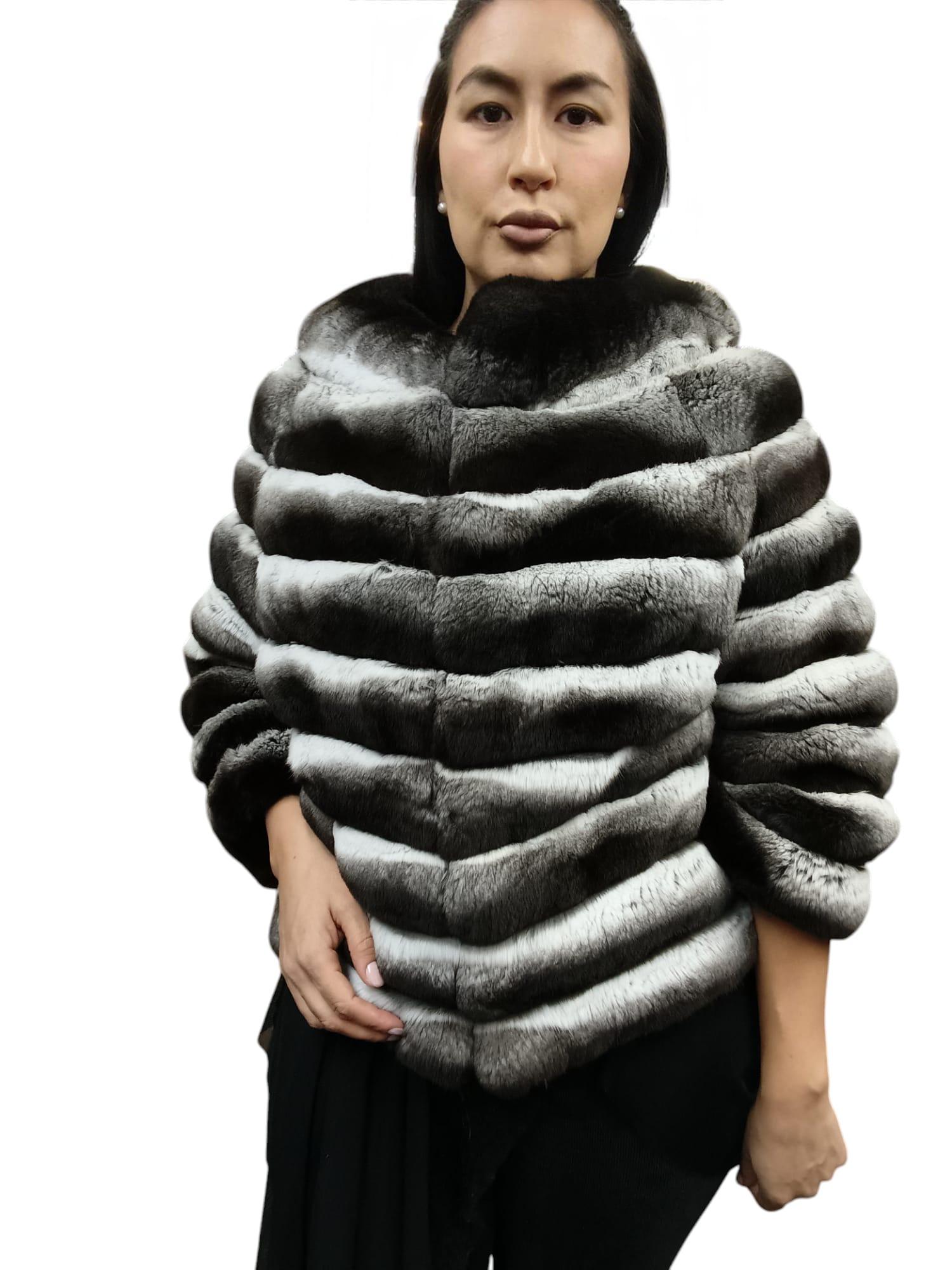 Brandneuer seltener schwarzer Samt Chinchilla Pelz Größe 10/M Etikett 13000$ Damen im Angebot