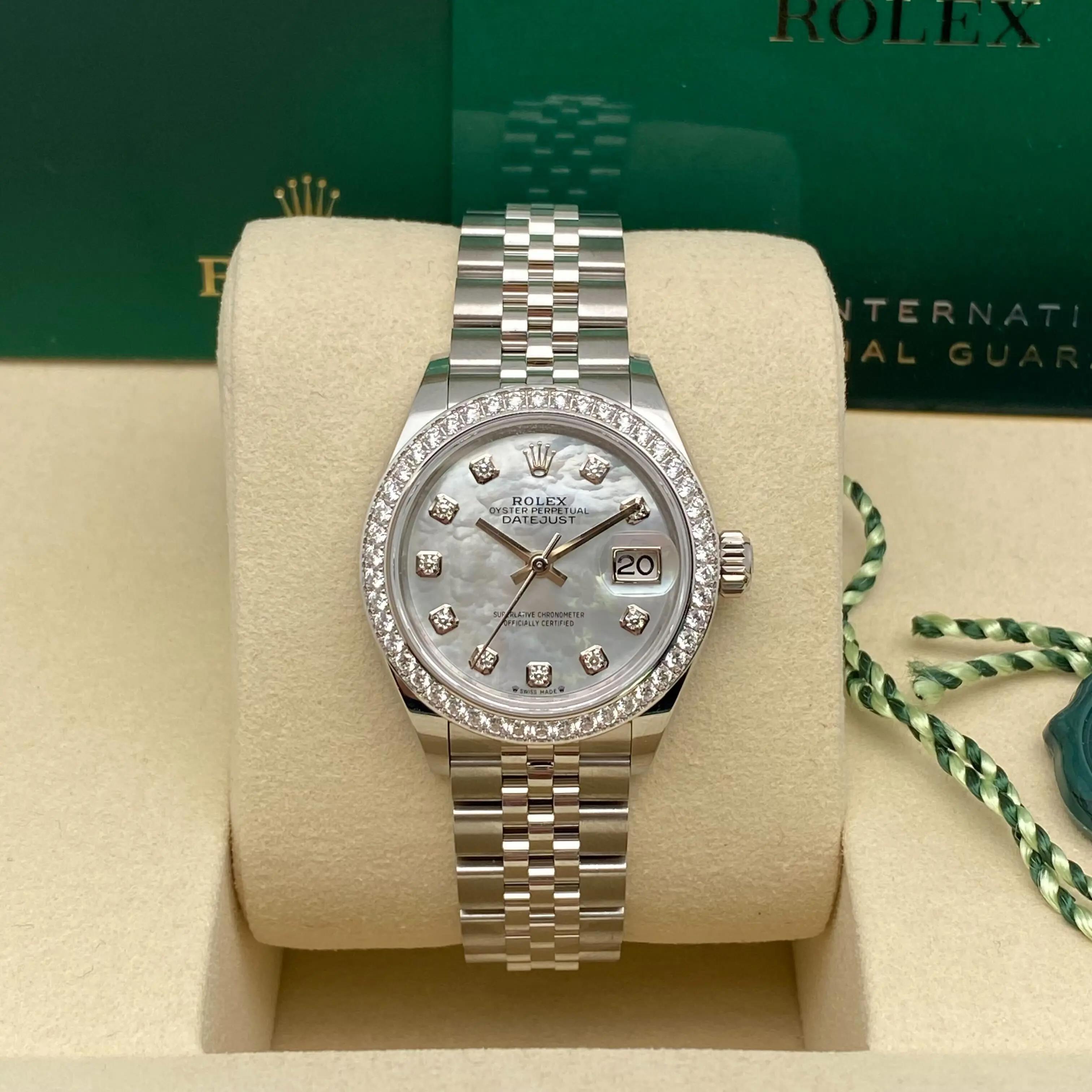 Brand new. Box and papers. 5-year Rolex Warranty.

Rolex Lady-Datejust 28 with Mother of Pearl diamond dial and factory diamond bezel. A perfect blend of elegance and precision.


**Rolex Lady-Datejust 28 – Reference 279384

Complete