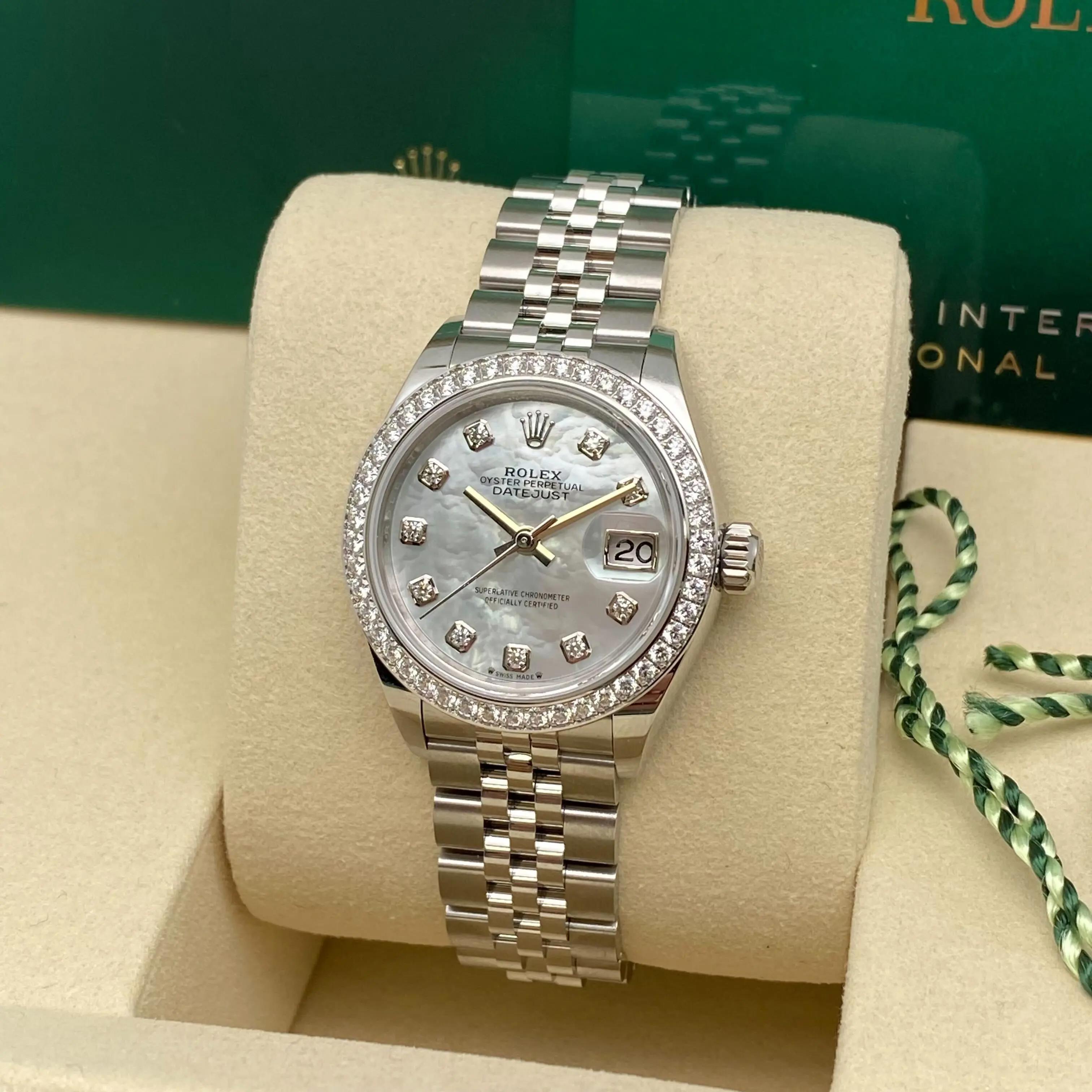 Round Cut Brand New Rolex Datejust 28mm 279384RBR Steel MOP Diamond Dial Watch Box Paper For Sale