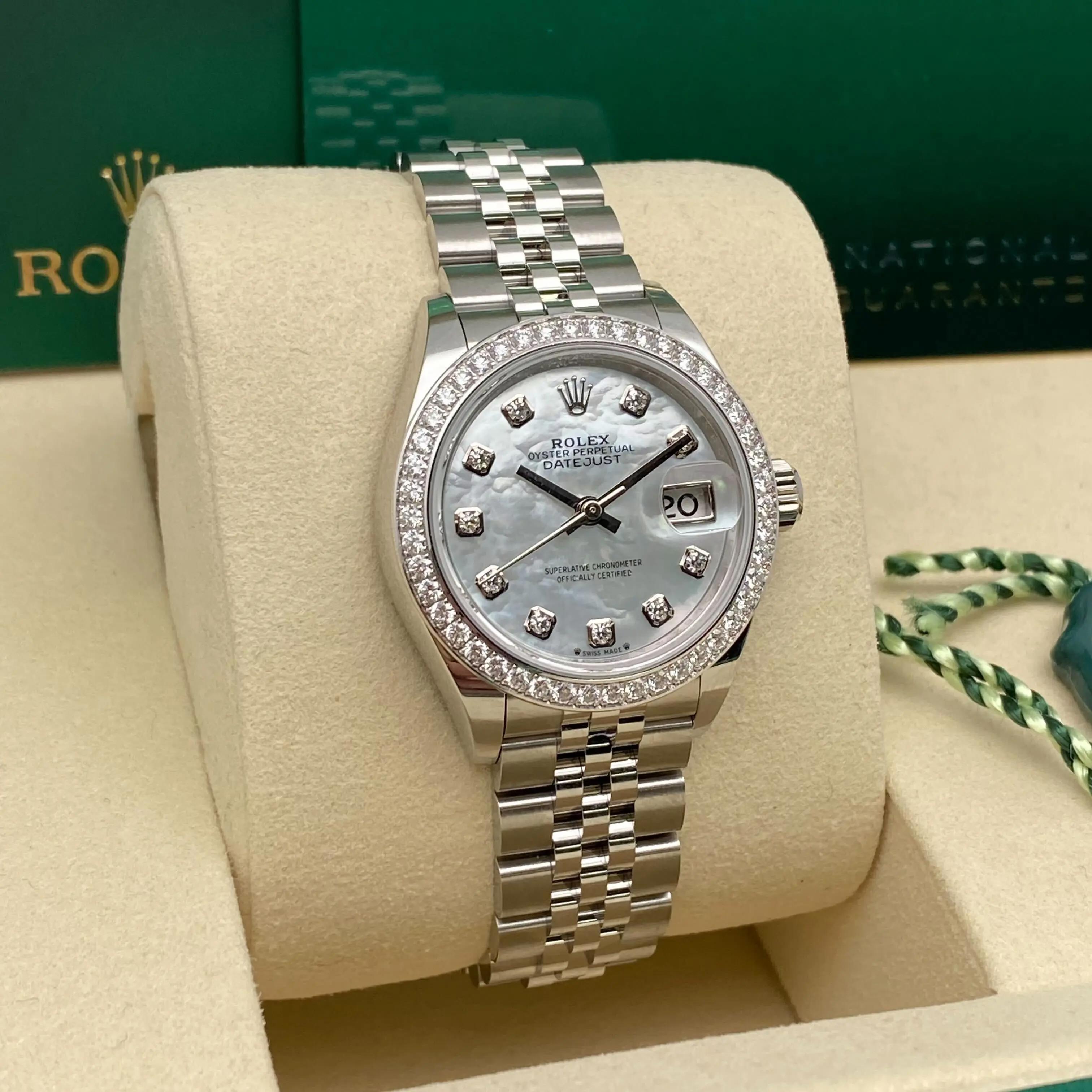 Brand New Rolex Datejust 28mm 279384RBR Steel MOP Diamond Dial Watch Box Paper In New Condition For Sale In New York, NY
