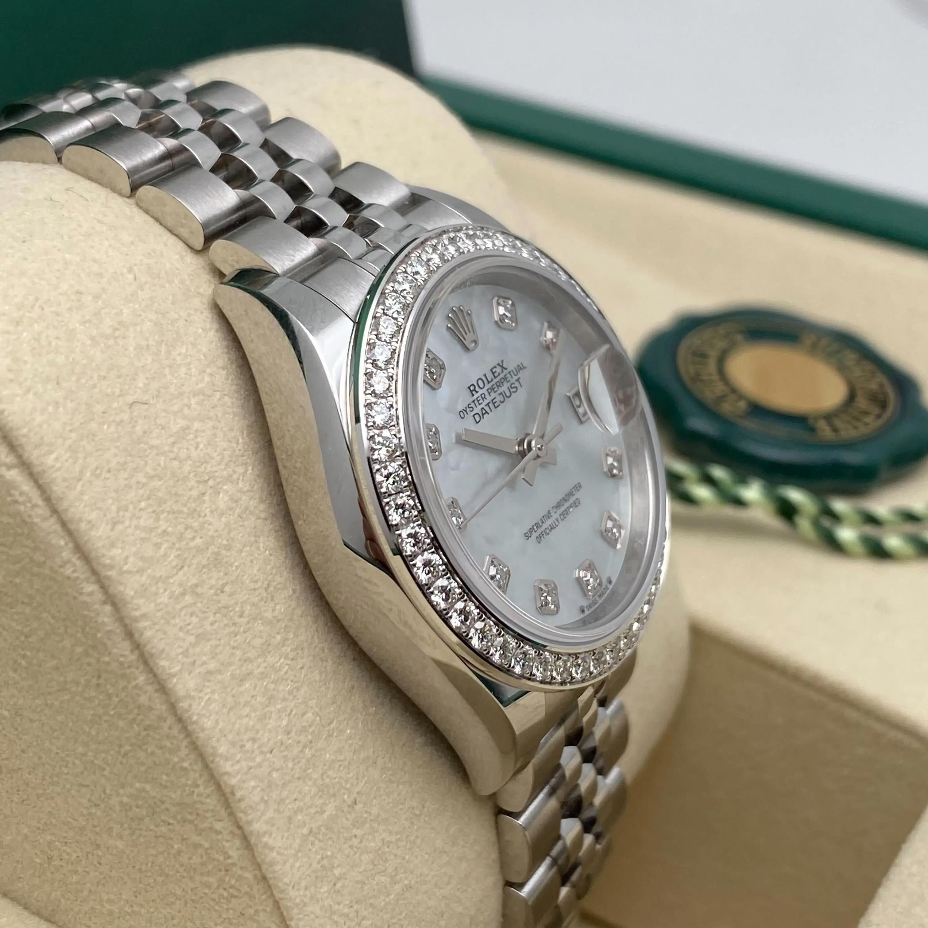 Women's Brand New Rolex Datejust 28mm 279384RBR Steel MOP Diamond Dial Watch Box Paper For Sale