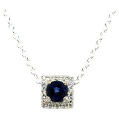 Brand New Sapphire Diamond Pendant Mined Diamond Square Halo .72ct 14K White Gol