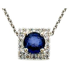 Brand New Sapphire Diamond Pendant Mined Diamond Square Halo .77ct 14K Gold