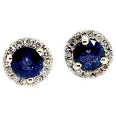Brand New Sapphire Diamond Stud Halo Earrings 1.40ct 14K White Gold