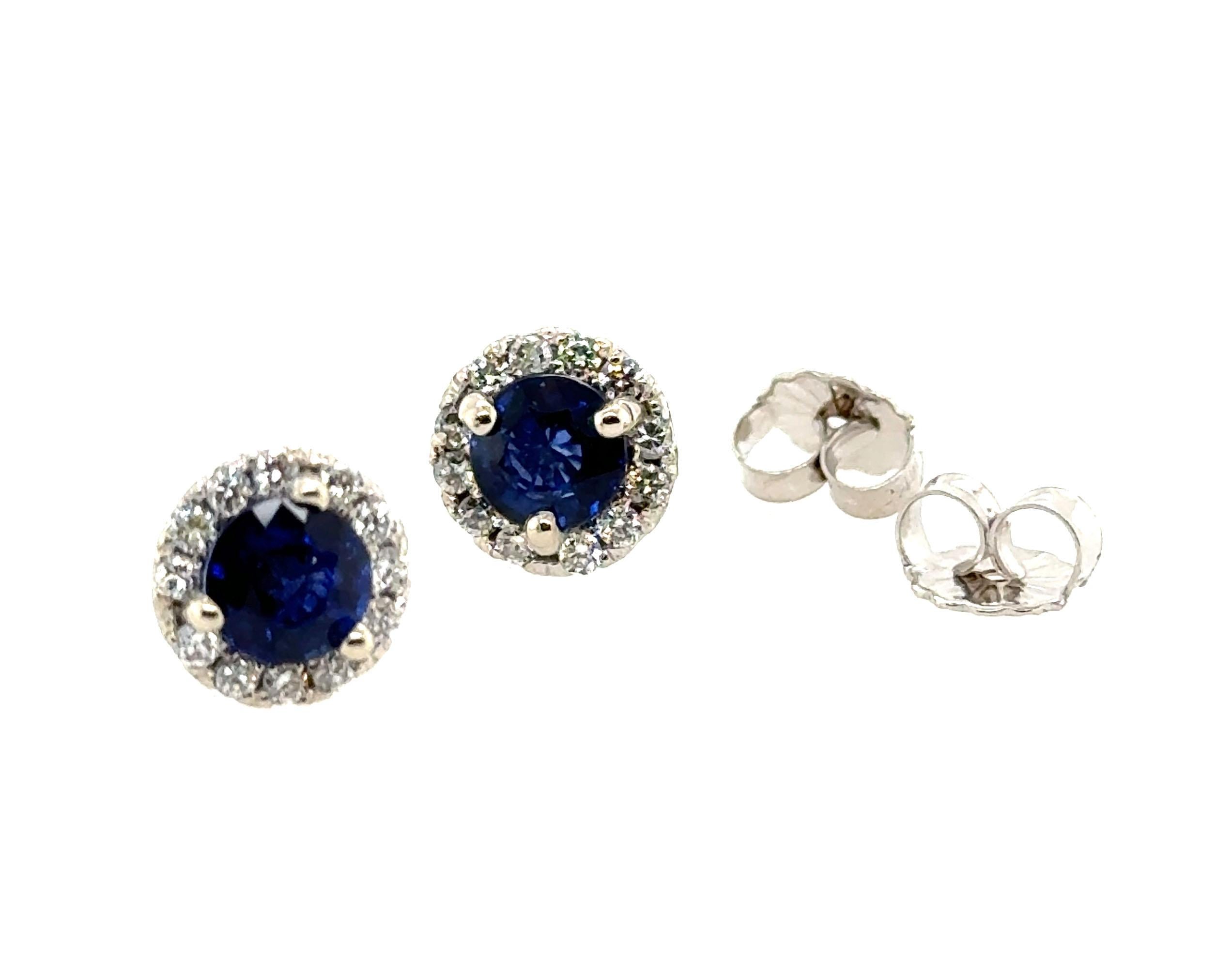 Brand New Sapphire Diamond Stud Halo Earrings 1.50ct 14K White Gold In New Condition For Sale In Dearborn, MI