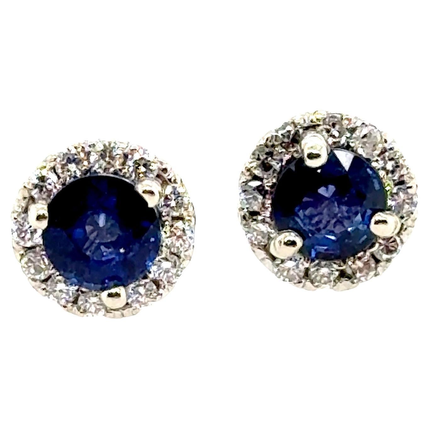 Brand New Sapphire Diamond Stud Halo Earrings 1.50ct 14K White Gold For Sale