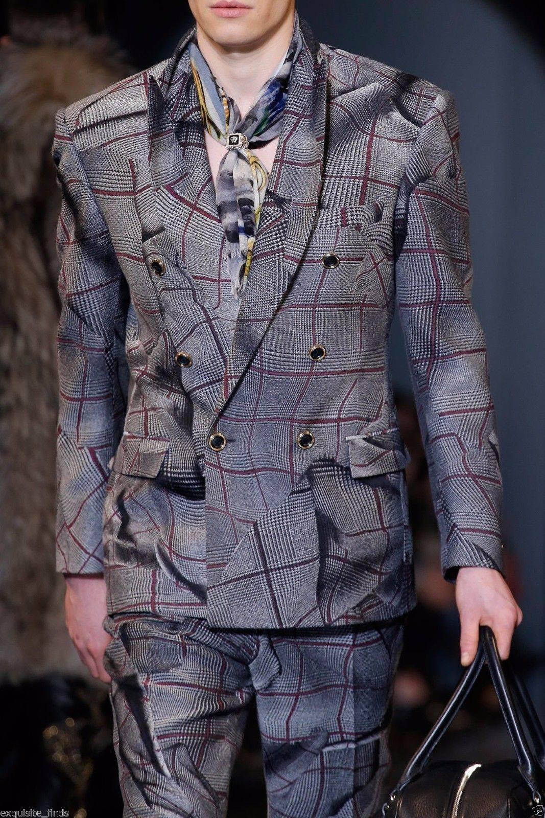 Gray BRAND NEW VERSACE DOUBLE BREASTED WINDOWPANE TAILOR MADE SUIT for MEN