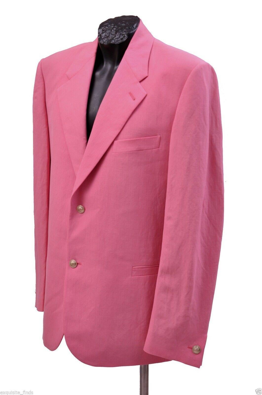 VERSACE  MEN'S SUIT

49% wool, 51% linen

The jacket features: single-breasted Italian design, two side pockets, one chest pocket, four button sleeves,  back vent and 3 inner finished pockets.  
Signature lining
Color: Pink
 
Iconic Medusa