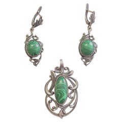 No Reserve- Branded Cabochon Malachite Sterling Silver Pendant & Earring Set