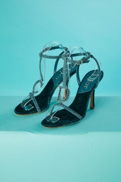 Branded " CD" blue velvet evening sandals with rhinestone Dior