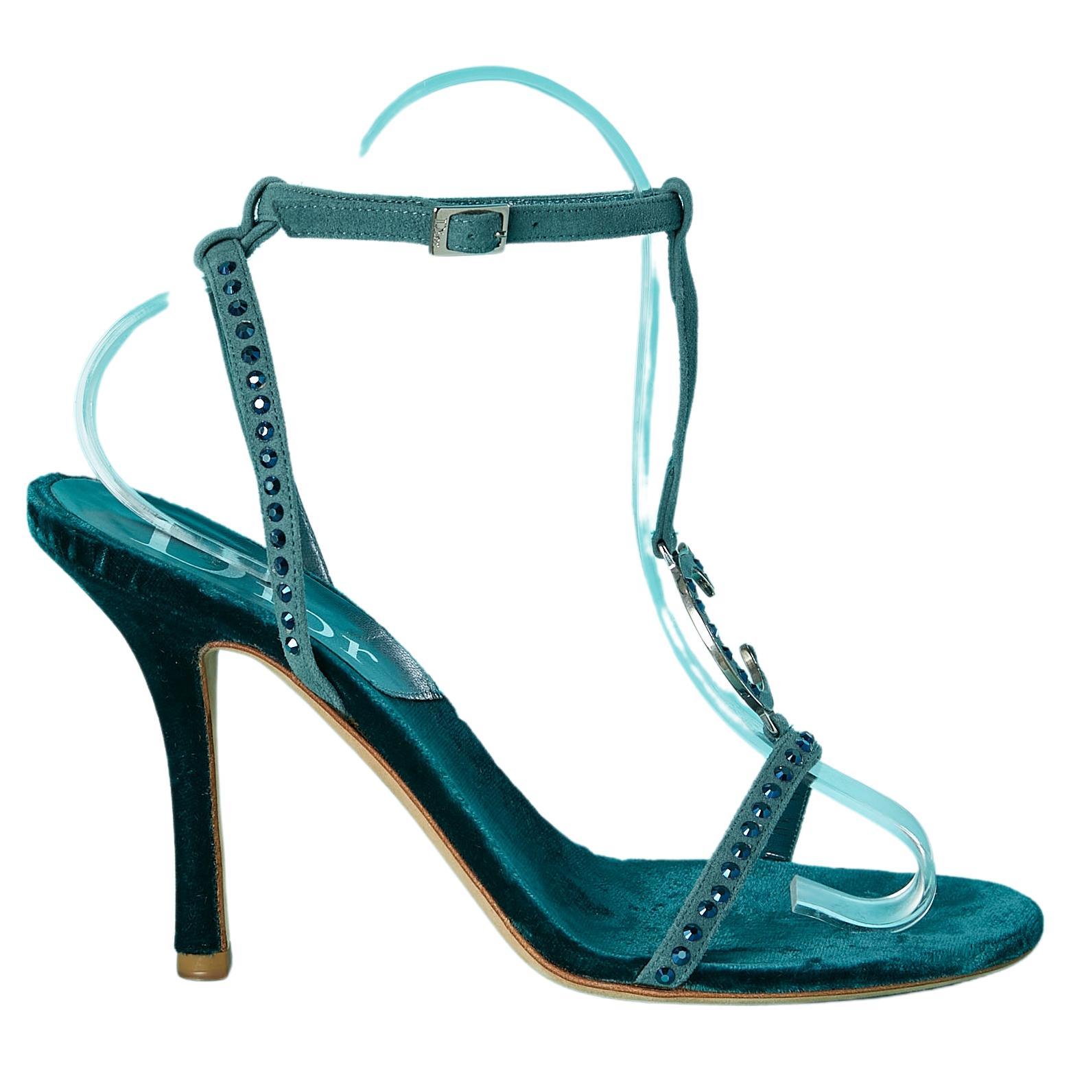 Branded " CD" blue velvet evening sandals with rhinestone Dior  For Sale