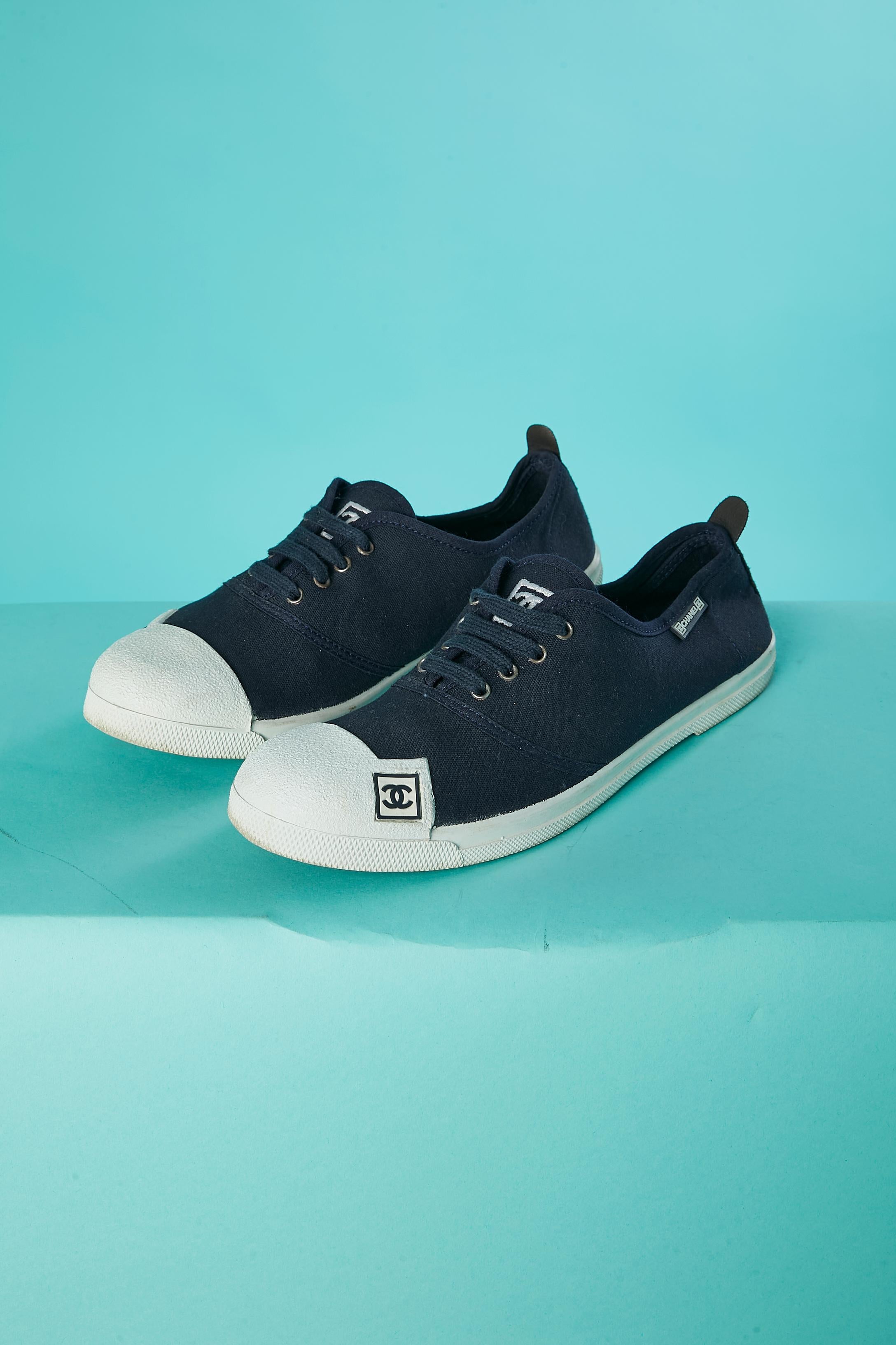 Black Branded old school style tennis sneakers in navy cotton and white rubber Chanel  For Sale