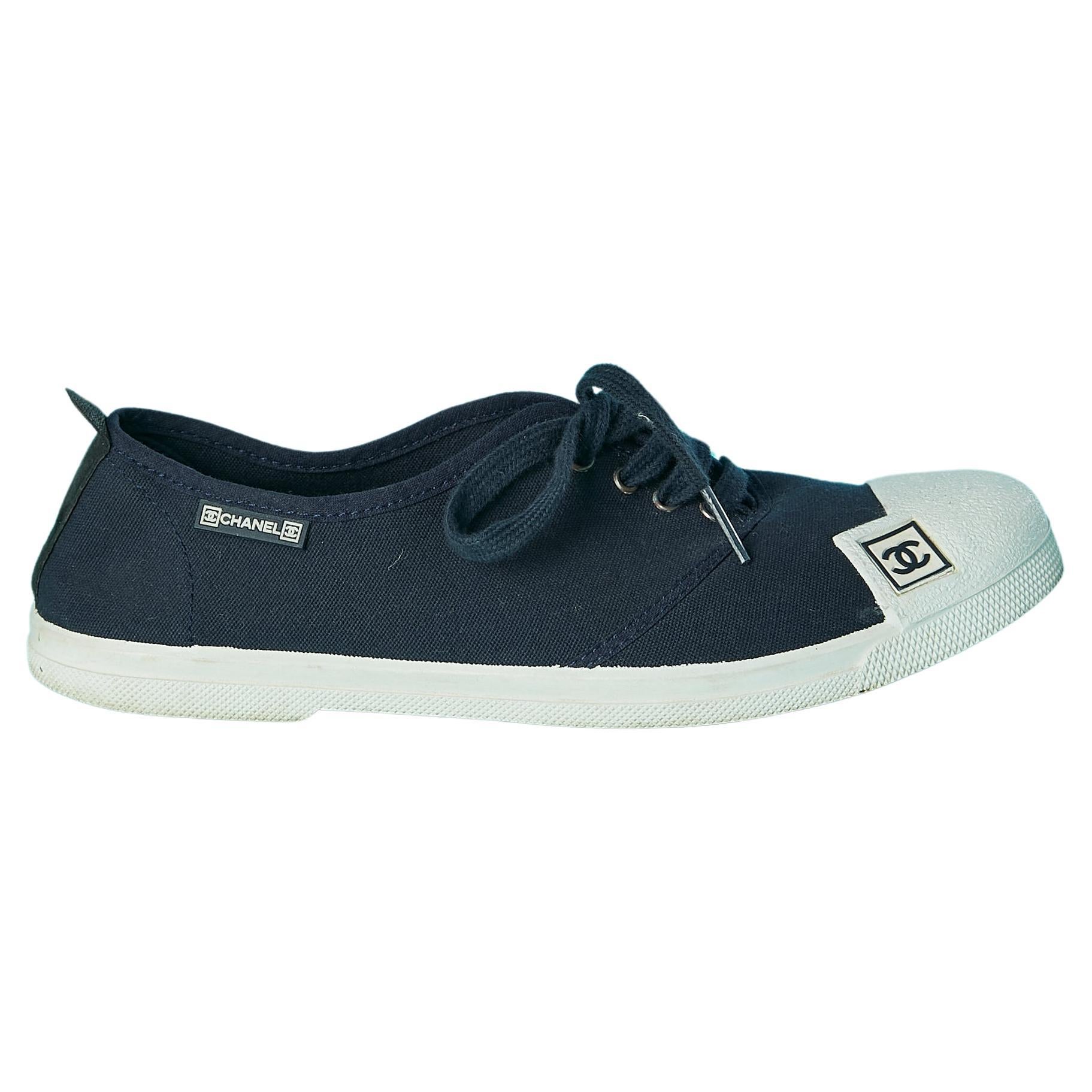 Branded old school style tennis sneakers in navy cotton and white rubber Chanel  For Sale