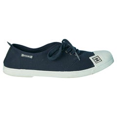 Used Branded old school style tennis sneakers in navy cotton and white rubber Chanel 