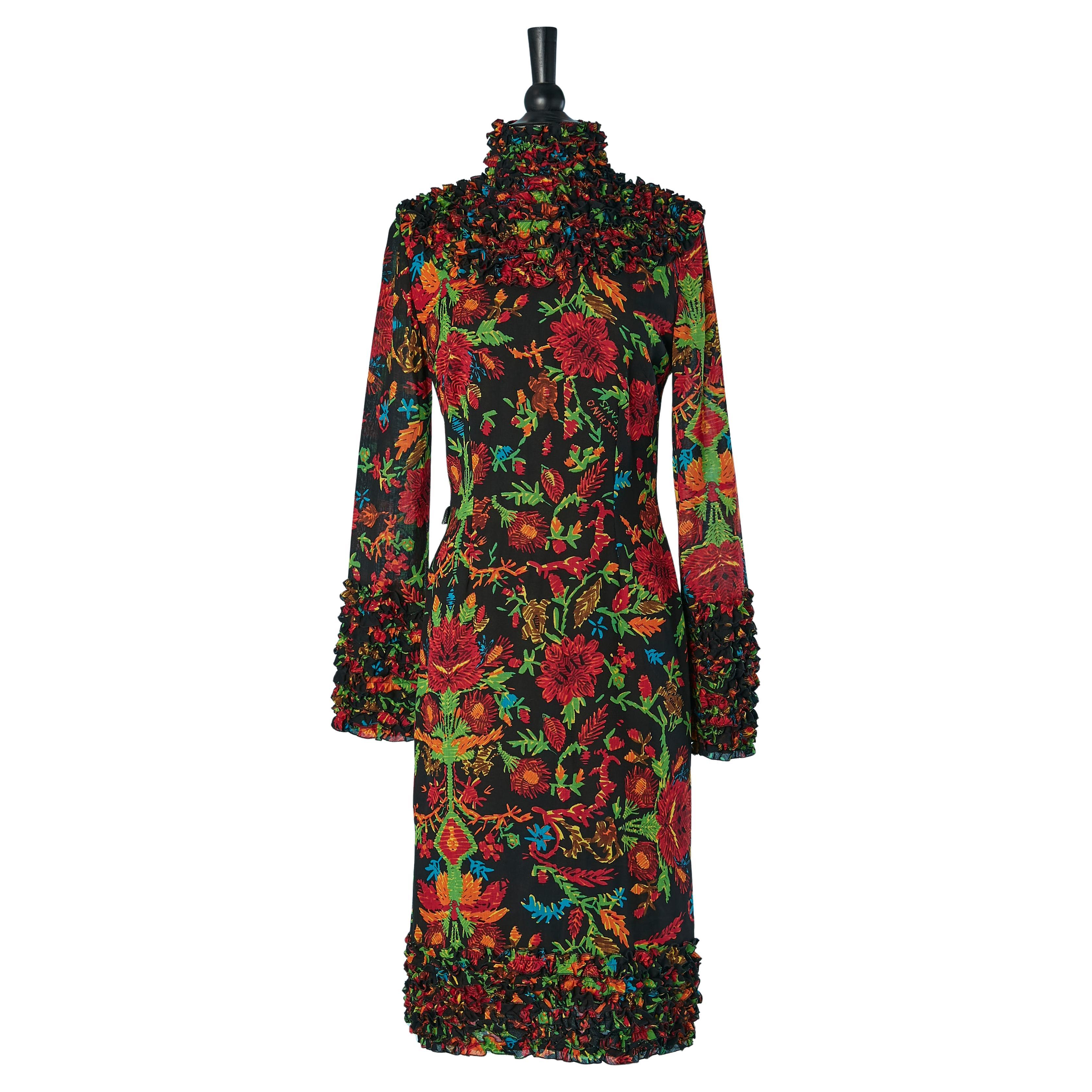 Branded wool dress with flower print and ruffles MOSCHINO JEANS For Sale
