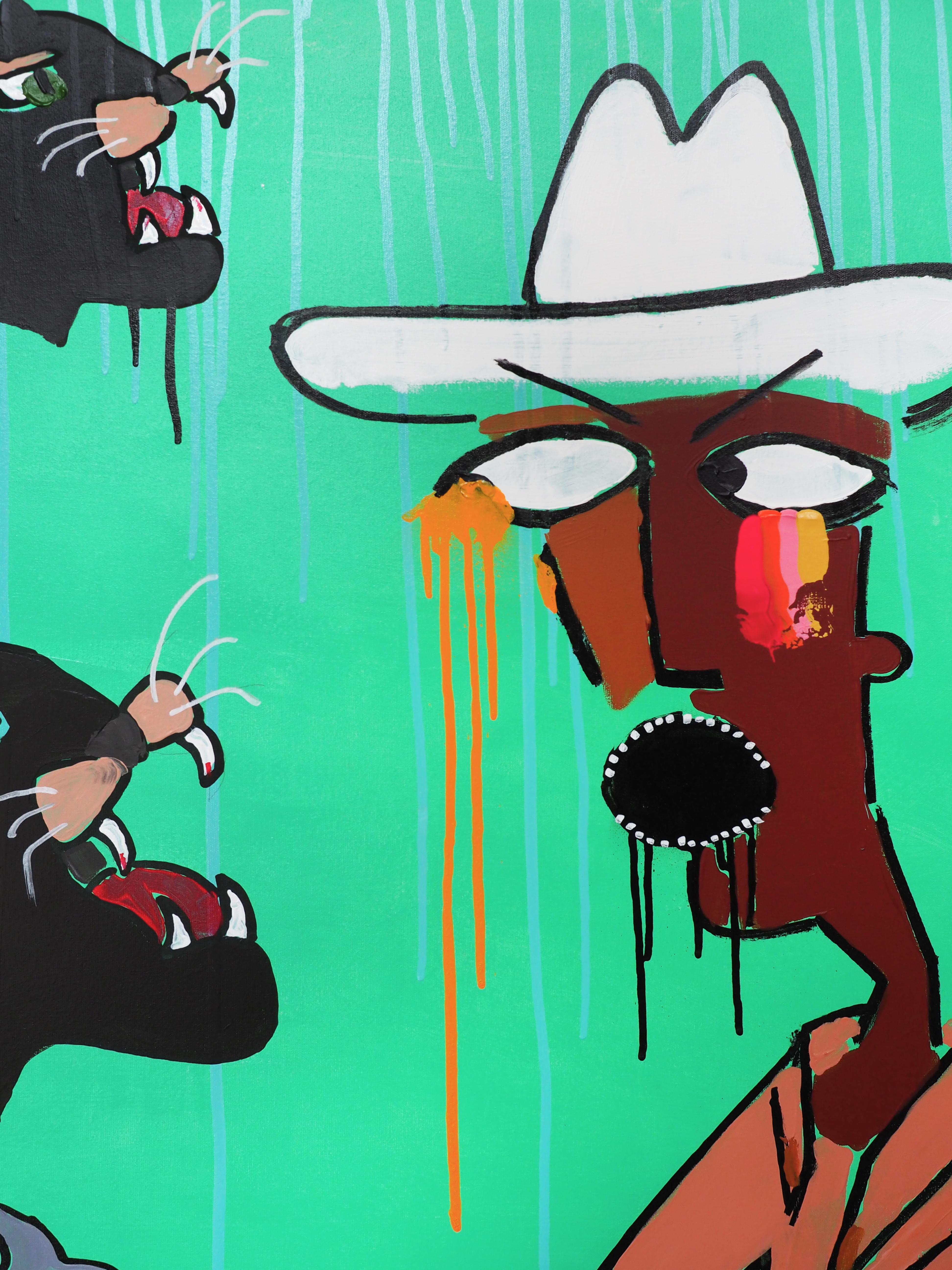 Three Panthers displays a minimalistic character of a cowboy confronting three black panthers, suggesting a theme of facing fear. Brandon Jones portrays the figure with three arms and a gun in each hand. The bright, energetic colors suggests the