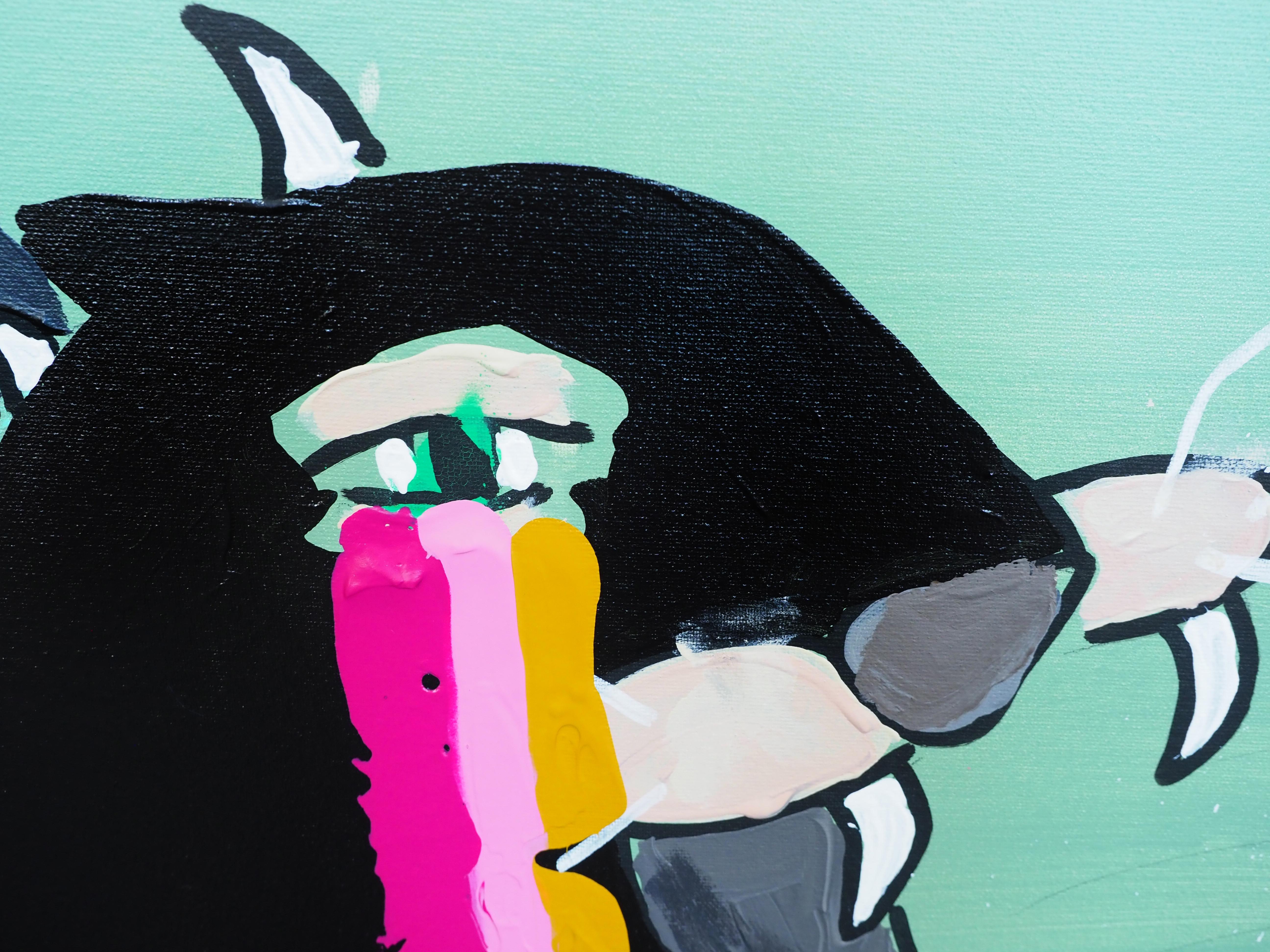 Two Panthers displays a minimalistic character of a cowboy confronting two black panthers, suggesting themes of facing fear. As the bright, energetic colors portray the victory of overcoming obstacles, Brandon Jones uses bold, confident strokes to