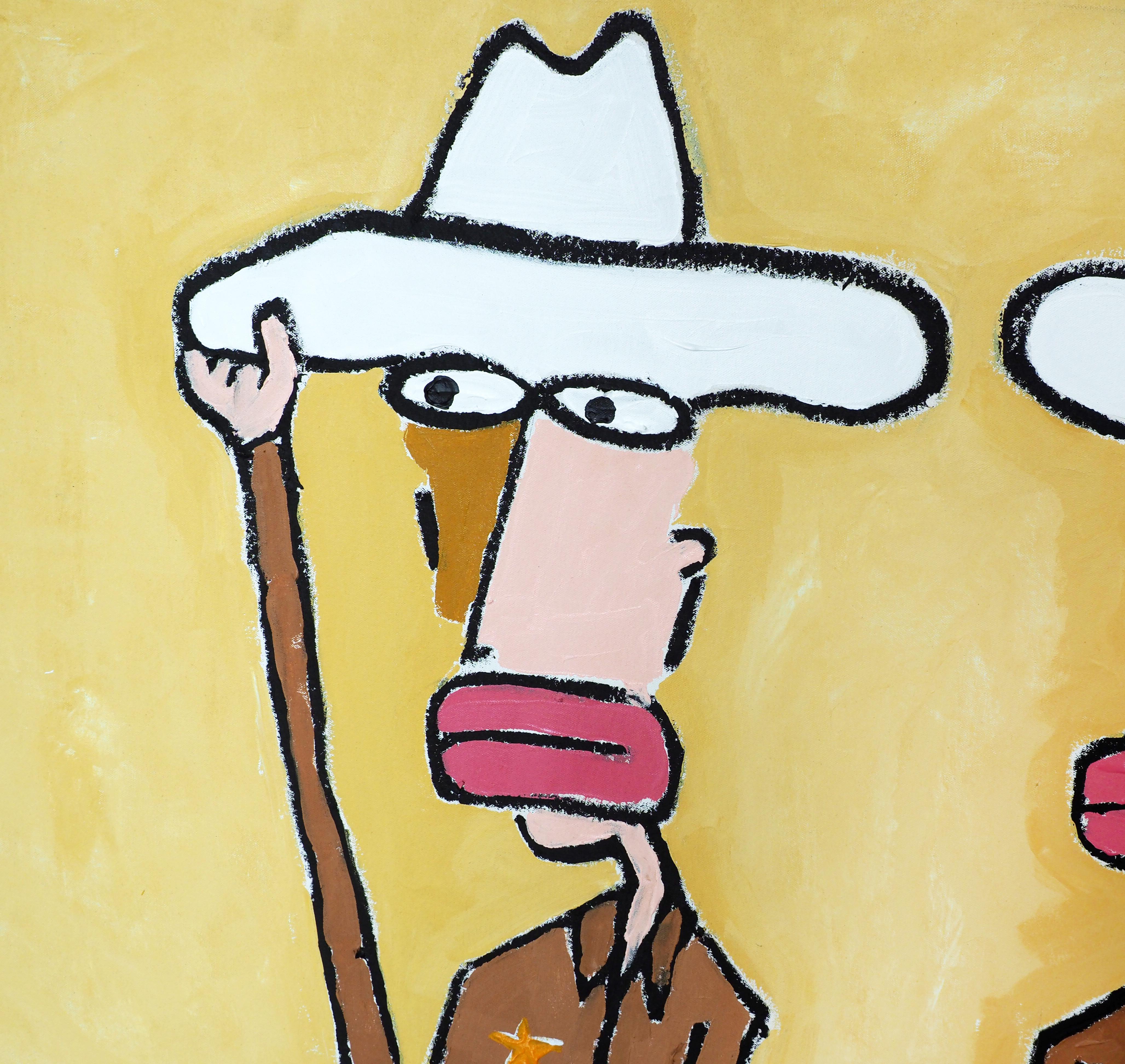 Tyler and I portrays two minimalistic characters of cowboys dressed in the same brown clothes and white hat. Although, they look similar, the character to the right has tears streaming down his face as he holds a cigarette in his hand. The white