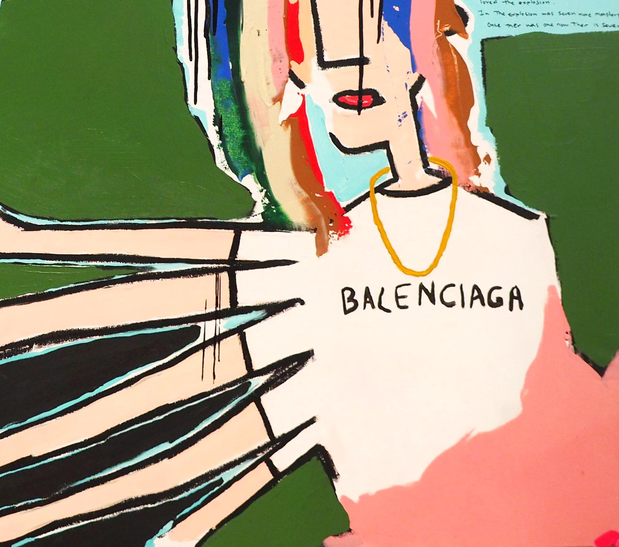 Abigail portrays a minimalistic character in a green background wearing a Balenciaga shirt and rainbow hair. Multiple arms holding cigarettes with colorful tears dripping down their face suggest themes of songs and storytelling. Using bold,