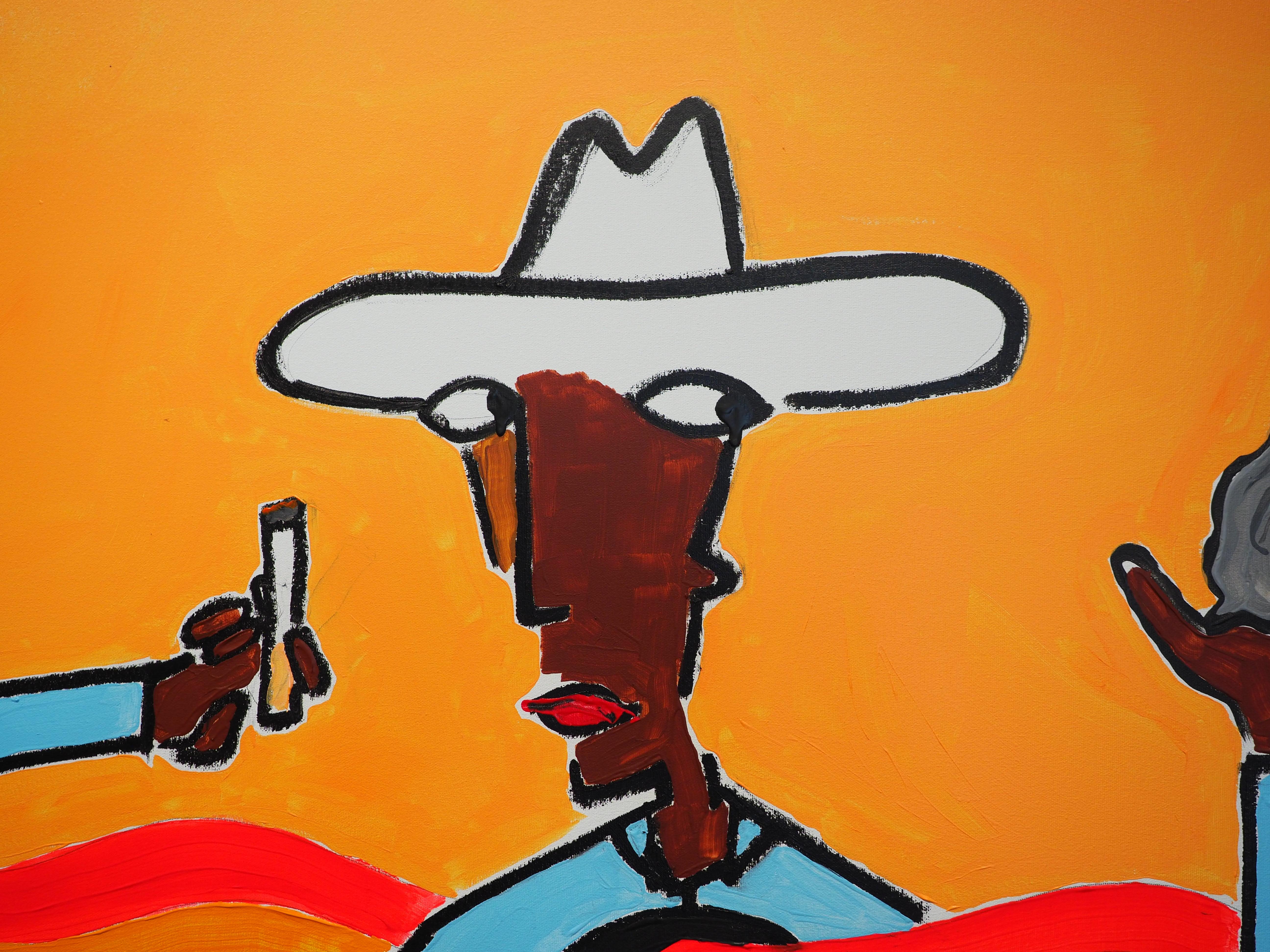 Black cowboy portrays a minimalistic cowboy character in a desert scene holding a cigarette in his right hand and a pistol in his left. The figure stands in front of an orange monochromatic sky as a rainbow wave streams through his chest, suggesting