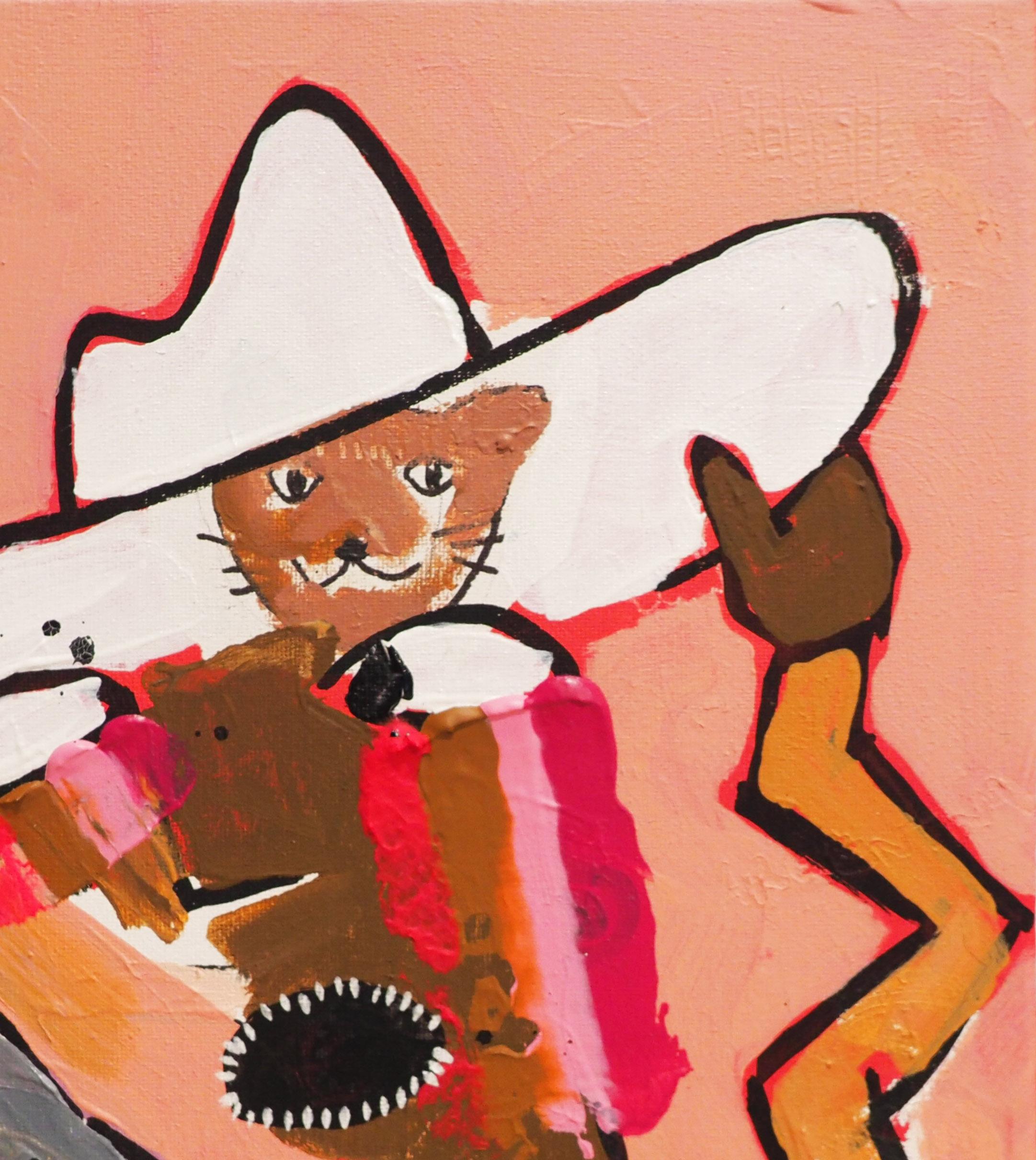 Cowboy and Cat I - Orange Figurative Painting by Brandon Jones