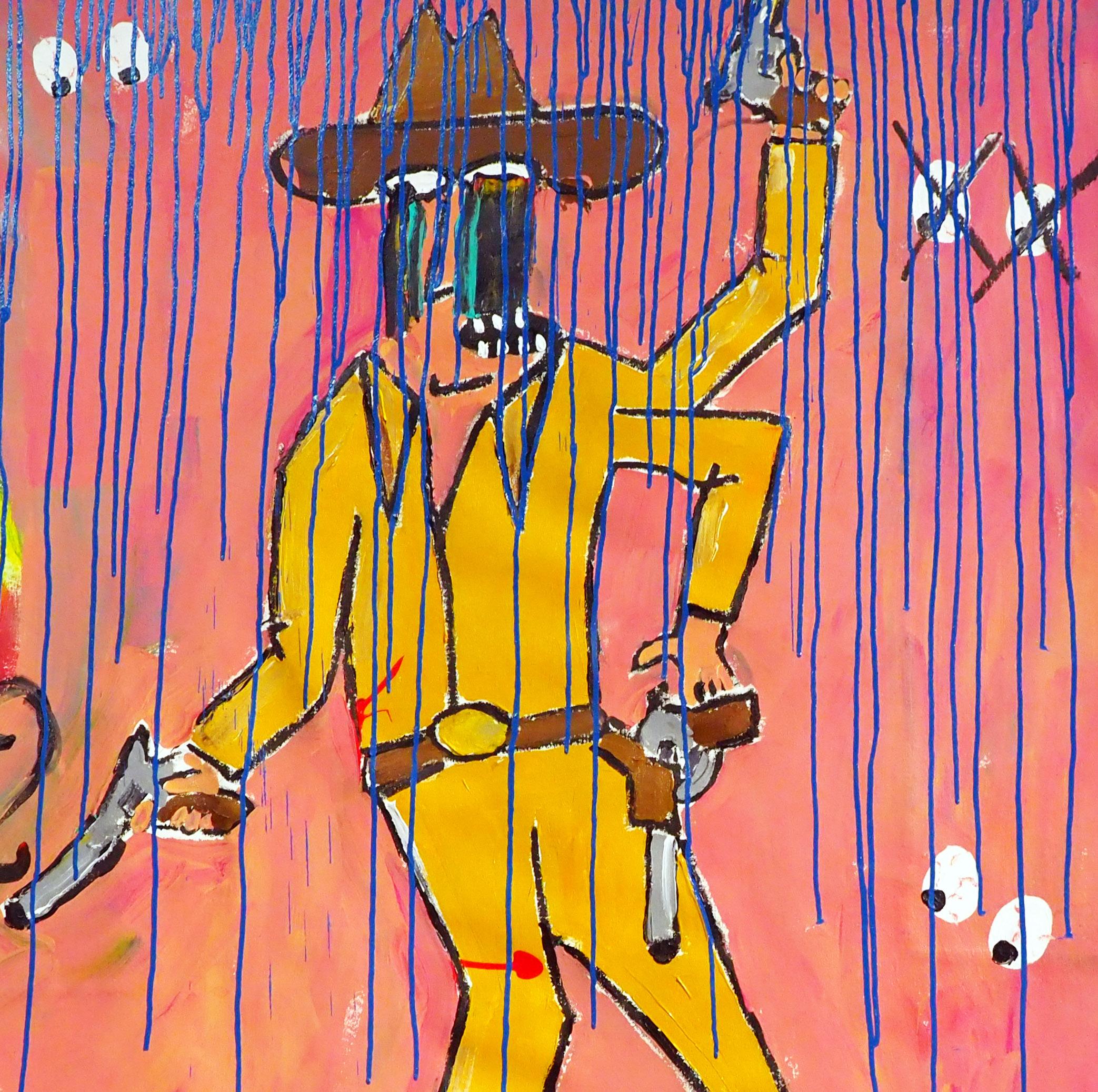 Cowboy in the Rain portrays an expressive portrait of a cowboy wearing a brown cowboy hat with blue hues of paint dripping over him on an unstretched canvas. The cowboy’s eyes look to the floating eyes as a rainbow wave floats oto his left,