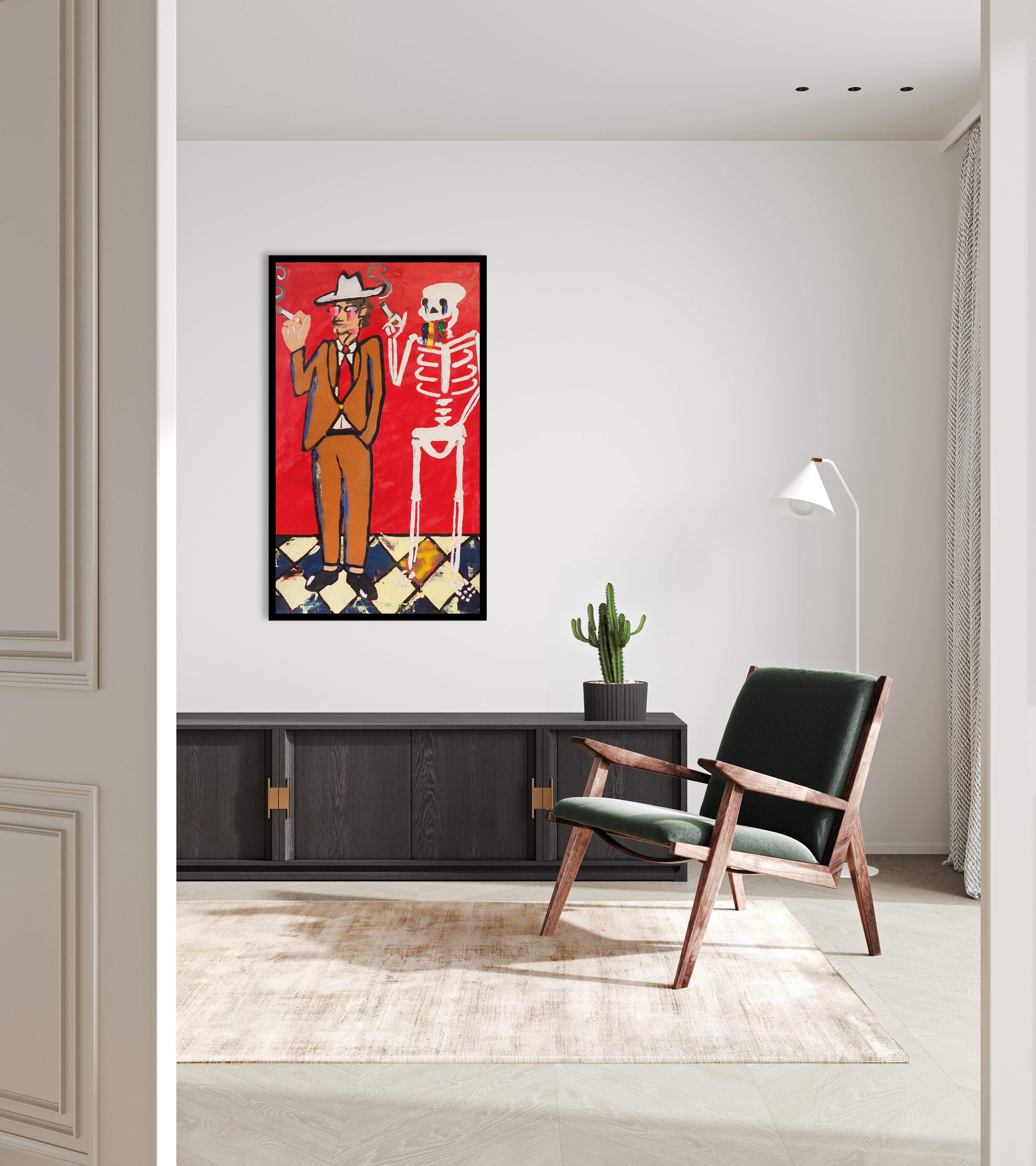 Man and Skeleton - Red Figurative Painting by Brandon Jones