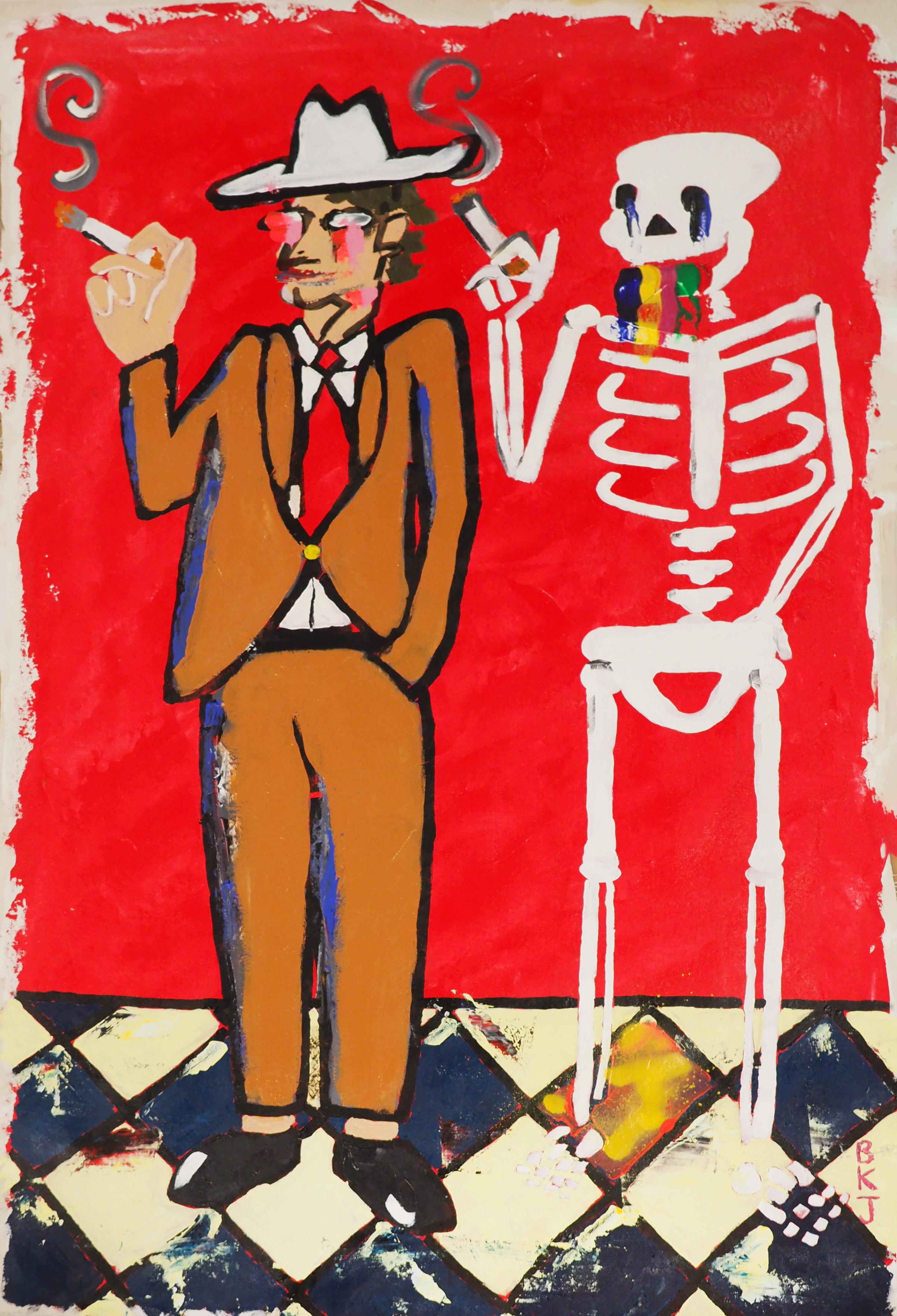Brandon Jones Figurative Painting - Man and Skeleton