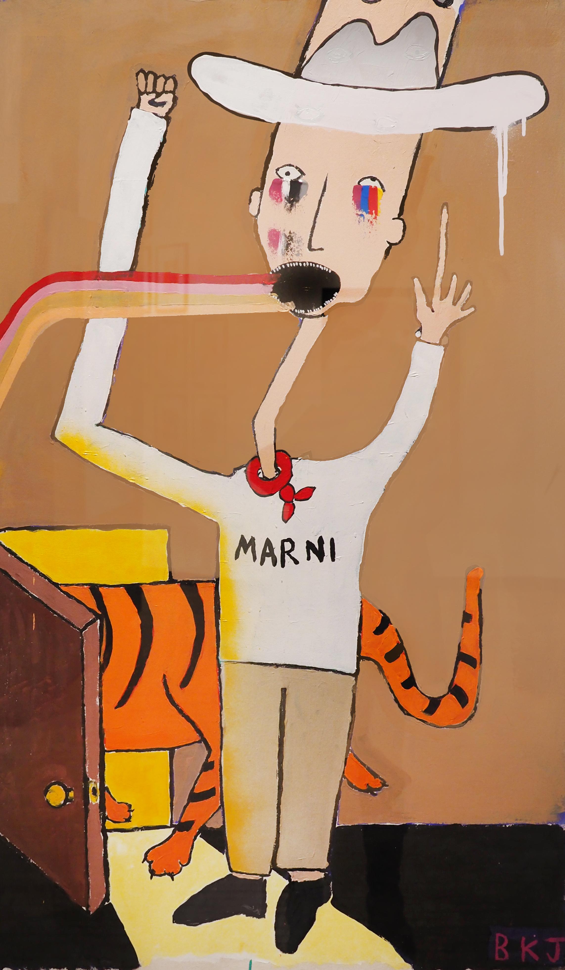 Marni displays a cowboy opening a door with a tiger at the characters side, suggesting themes of facing fear. As the bright, energetic colors portray the victory of overcoming obstacles, Brandon Jones uses bold, confident strokes to create an honest