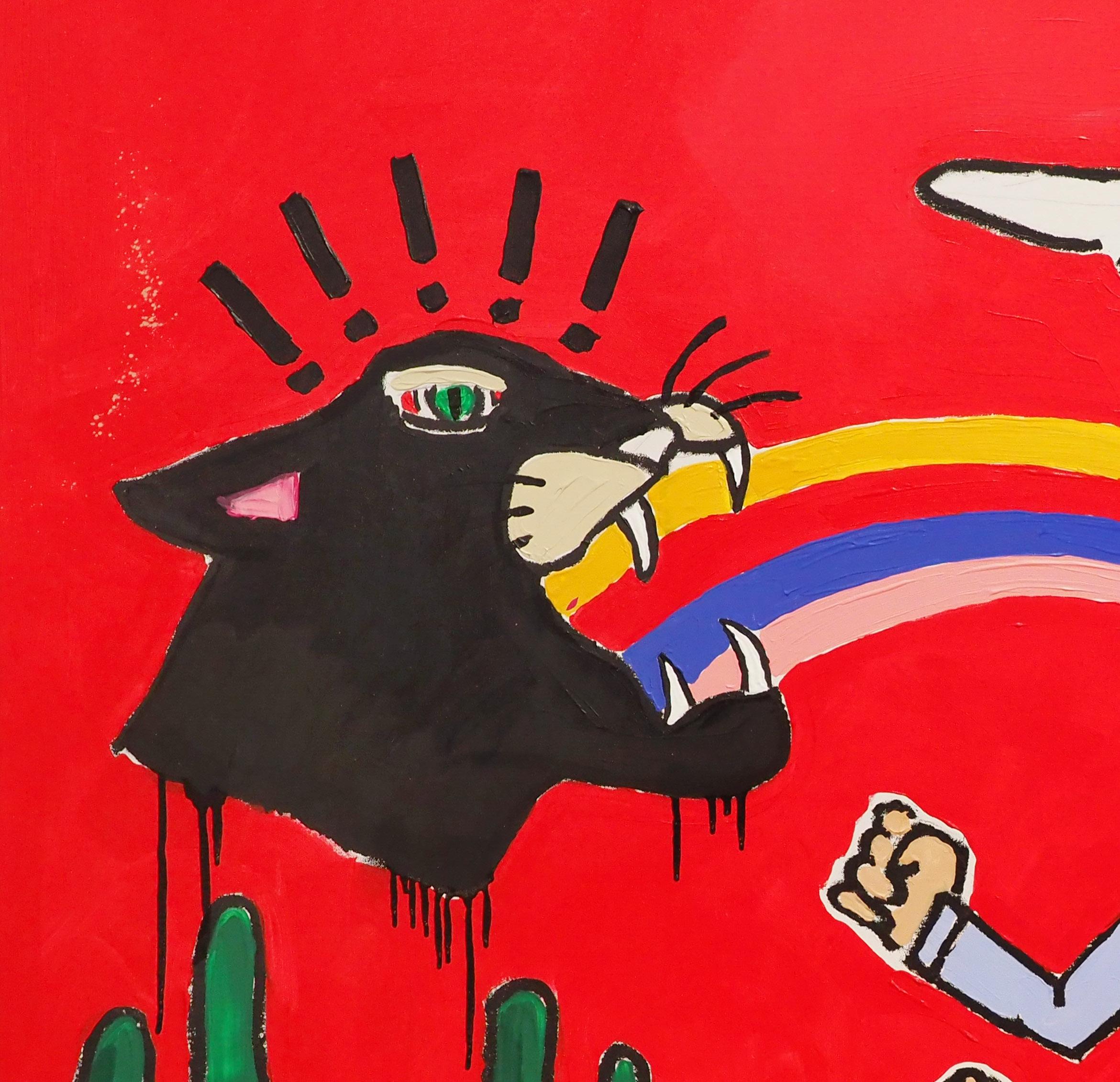 Panther and Man ritrae un ritratto espressivo di un cowboy con un cappello da cowboy bianco che affronta una pantera davanti a uno sfondo rosso acceso. Gli occhi del cowboy guardano la pantera mentre un'onda arcobaleno fuoriesce dalla sua bocca