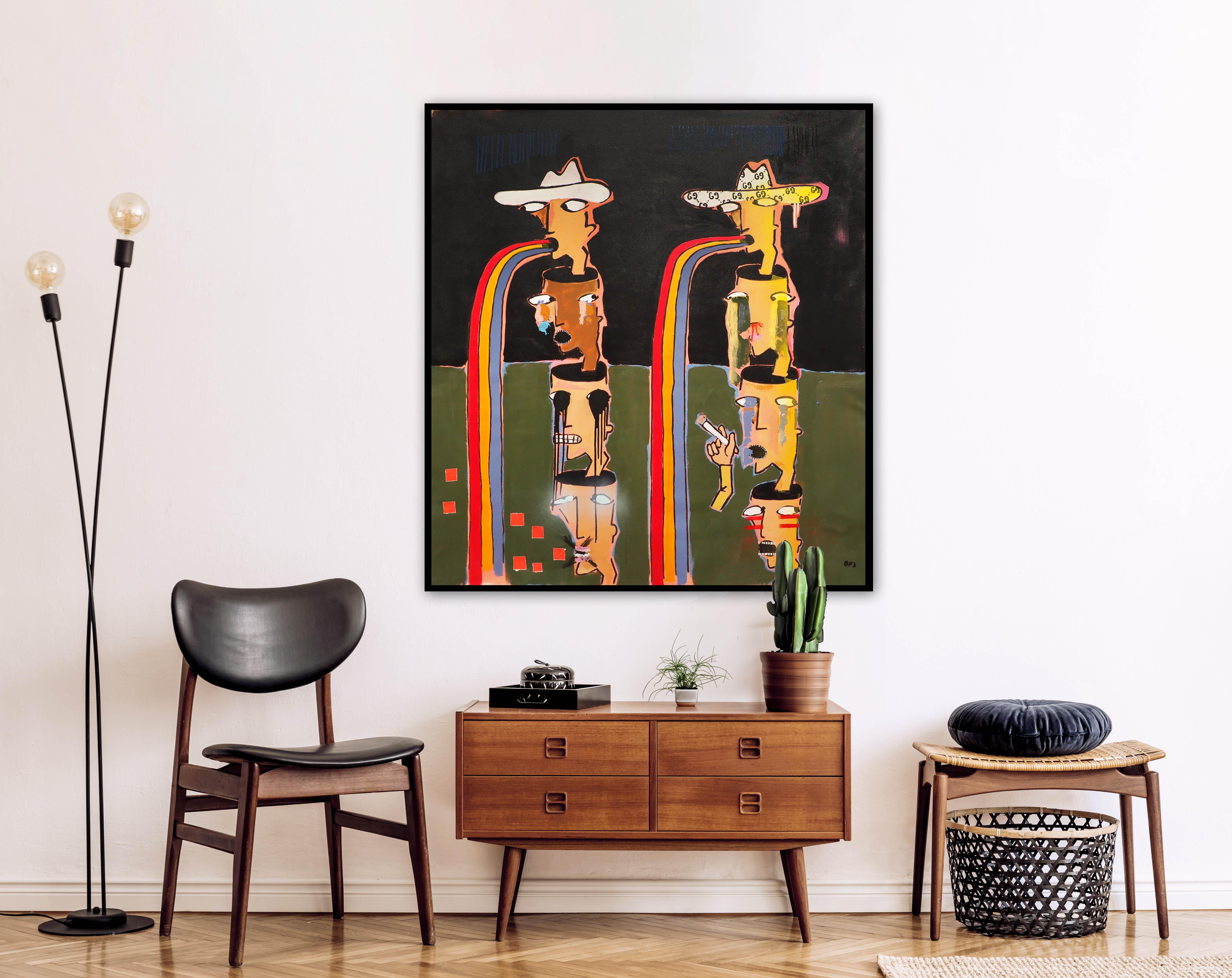 Two Cowboys portrays a desert night scene with eight minimalistic cowboy figurines placed on top of each other on an unstretched canvas. Using bold, confident strokes, Brandon Jones suggests the importance of imagination and sharing stories of