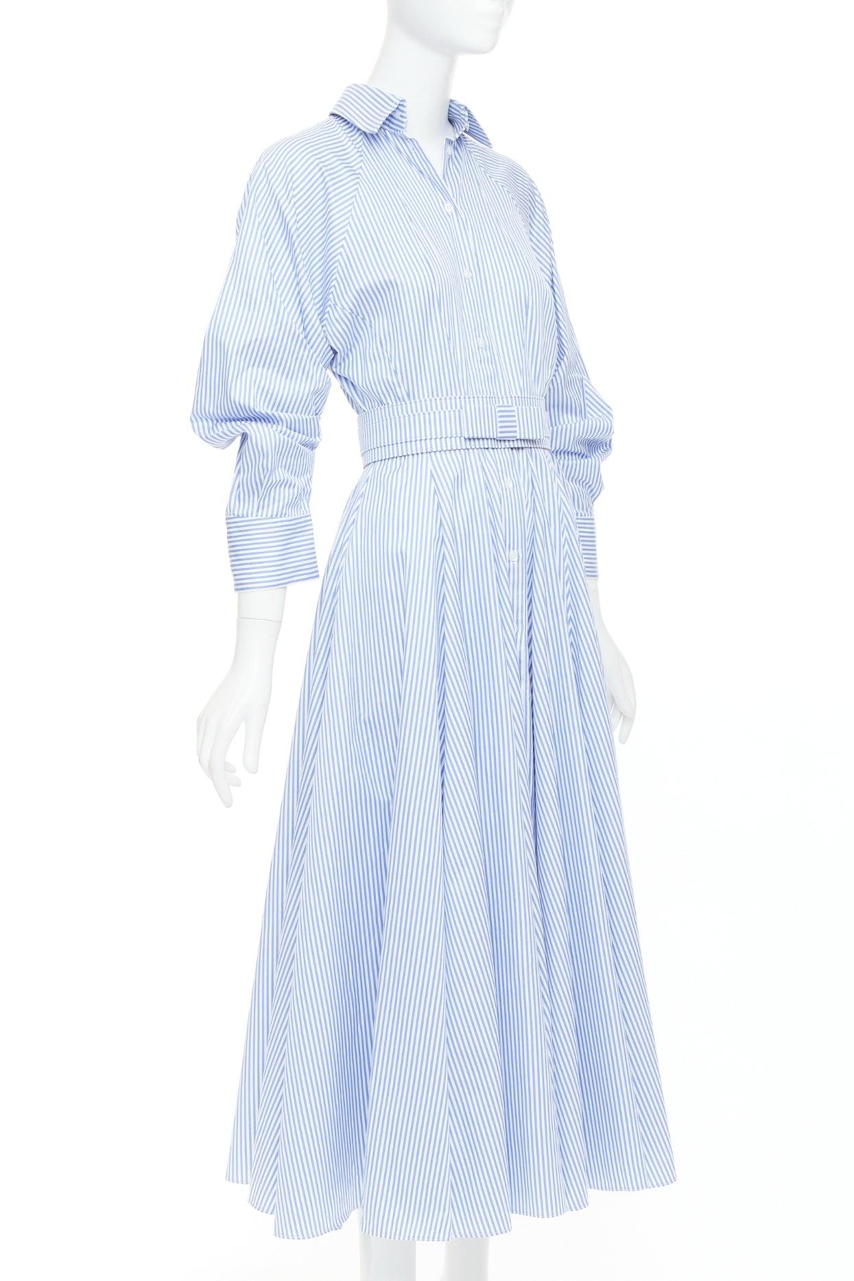 Bleu BRANDON MAXWELL robe chemise midi en sergé de coton rayé bleu blanc avec ceinture US0 XS en vente
