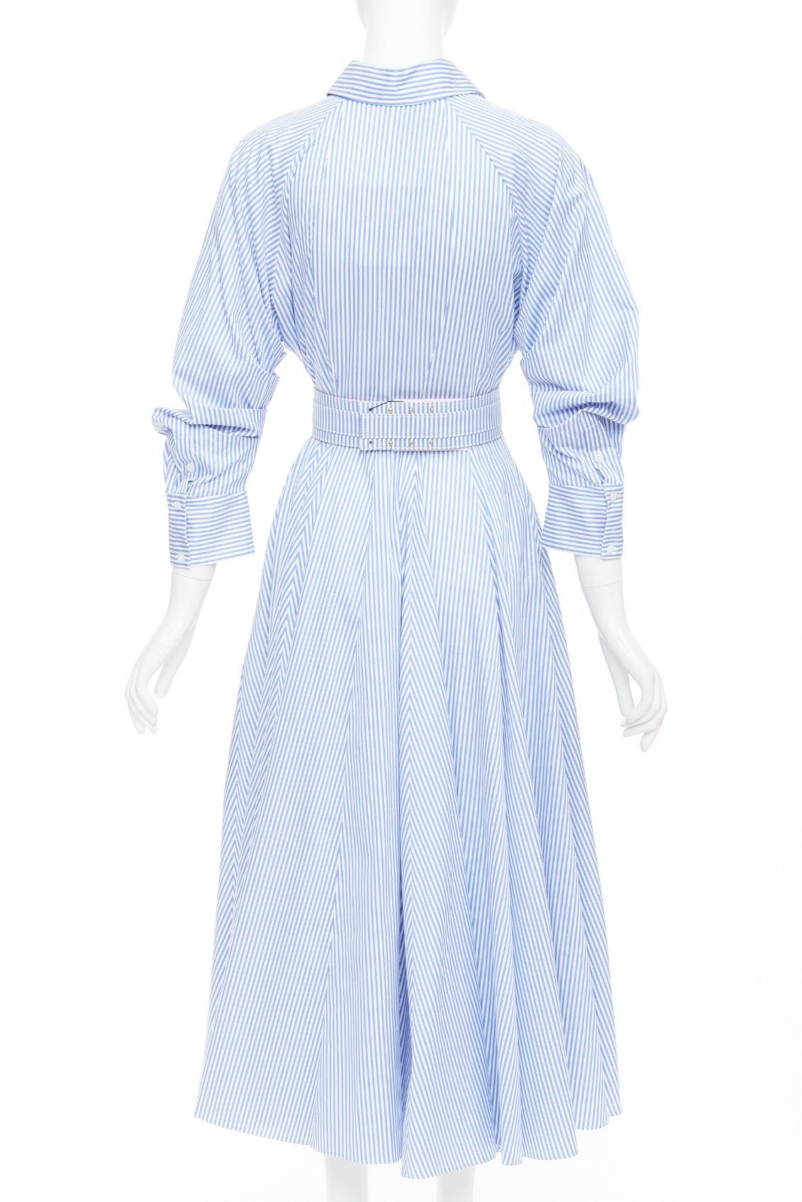 BRANDON MAXWELL robe chemise midi en sergé de coton rayé bleu blanc avec ceinture US0 XS Pour femmes en vente