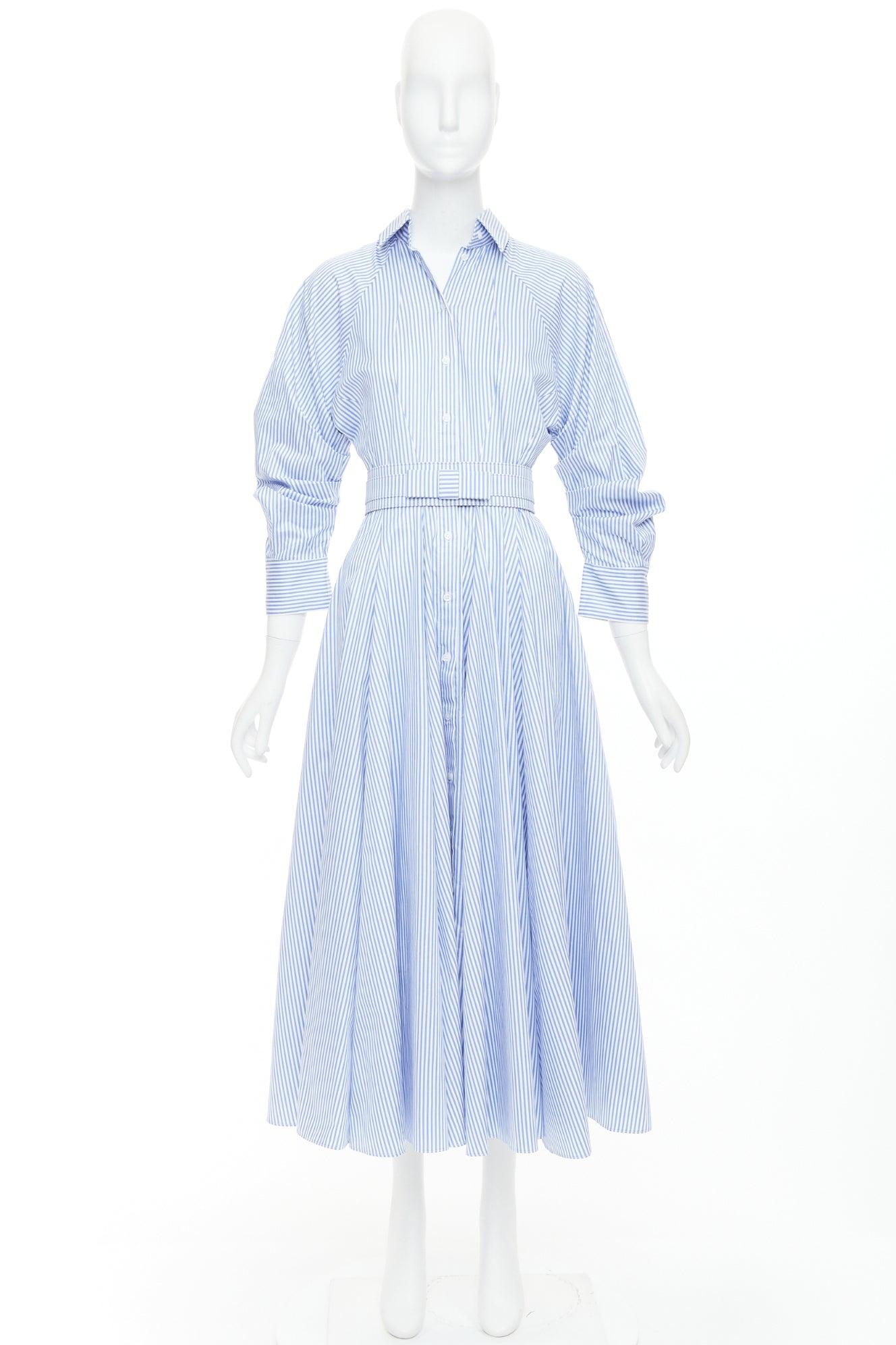 BRANDON MAXWELL robe chemise midi en sergé de coton rayé bleu blanc avec ceinture US0 XS en vente 4