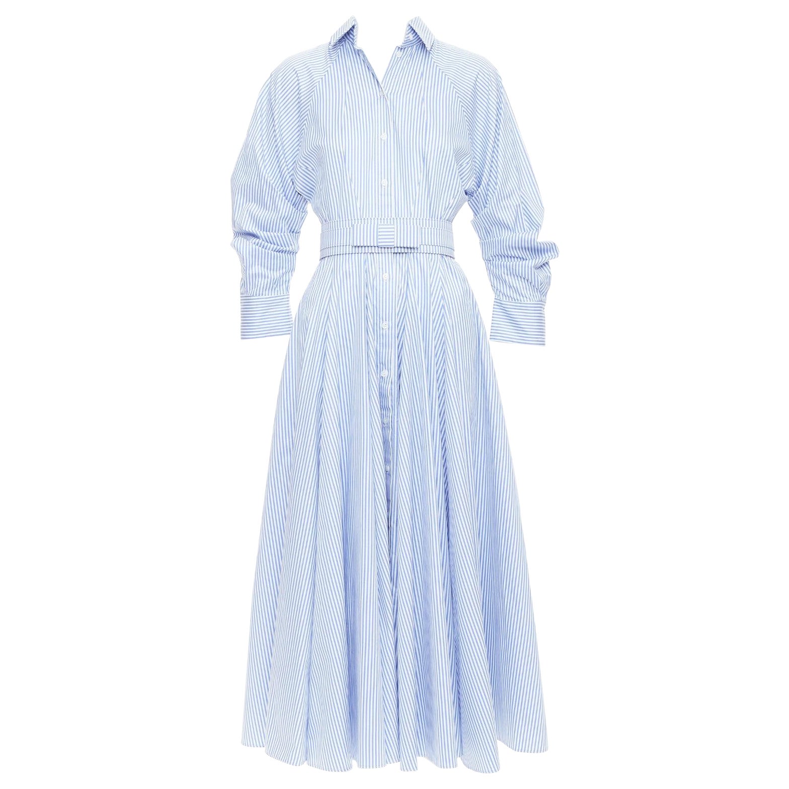 BRANDON MAXWELL robe chemise midi en sergé de coton rayé bleu blanc avec ceinture US0 XS