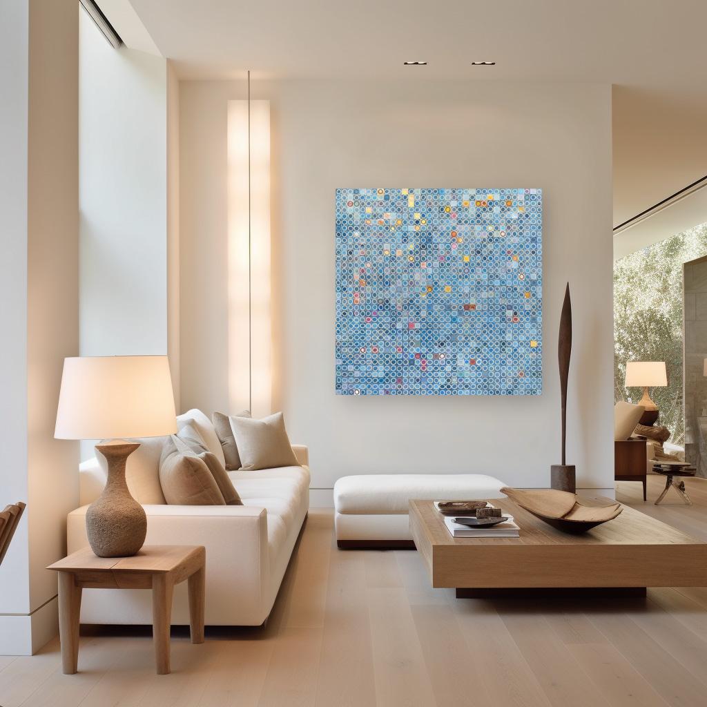 1156 Cerchi V.I.I. - Pittura originale astratta geometrica blu e bianca di grandi dimensioni - Mixed Media Art Astrattismo geometrico di Brandon Neher