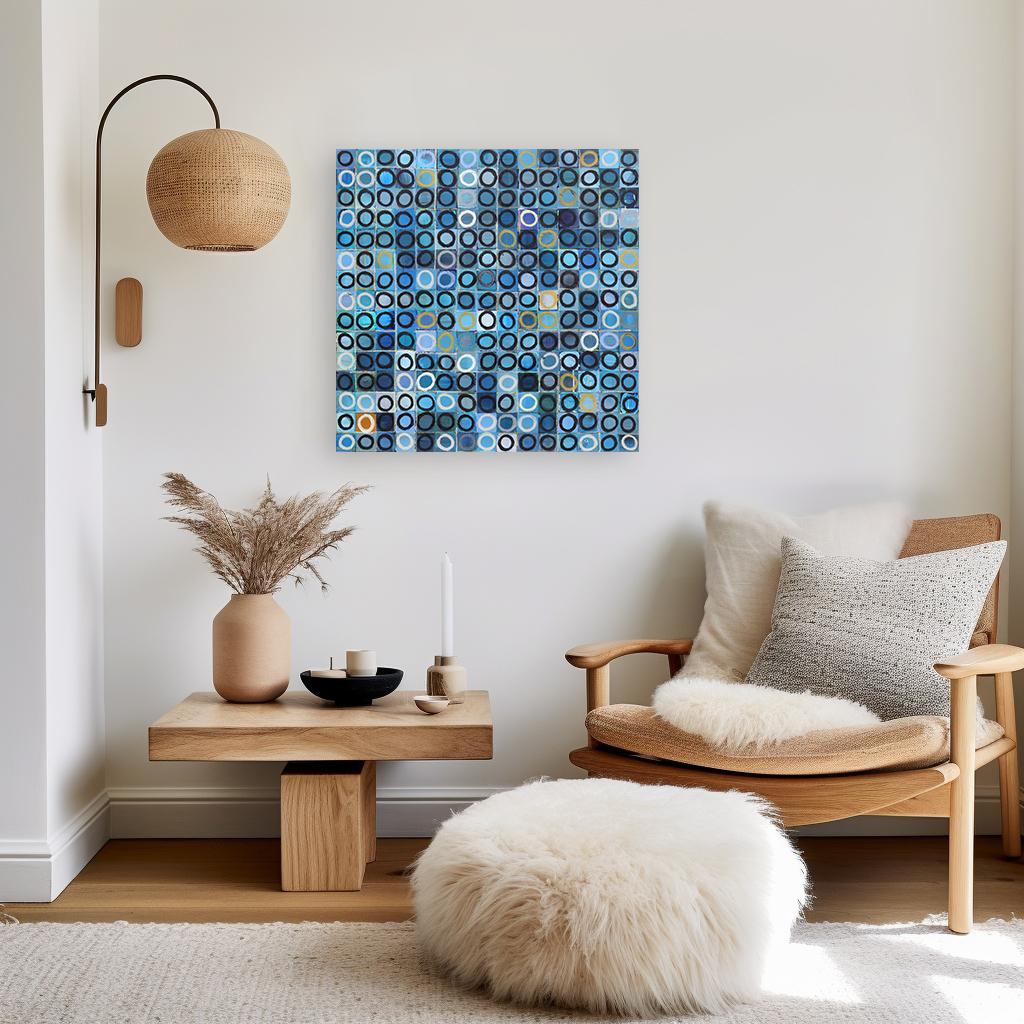 225 Cerchi V.I.I. - Pittura originale astratta geometrica contemporanea blu e bianca - Painting di Brandon Neher