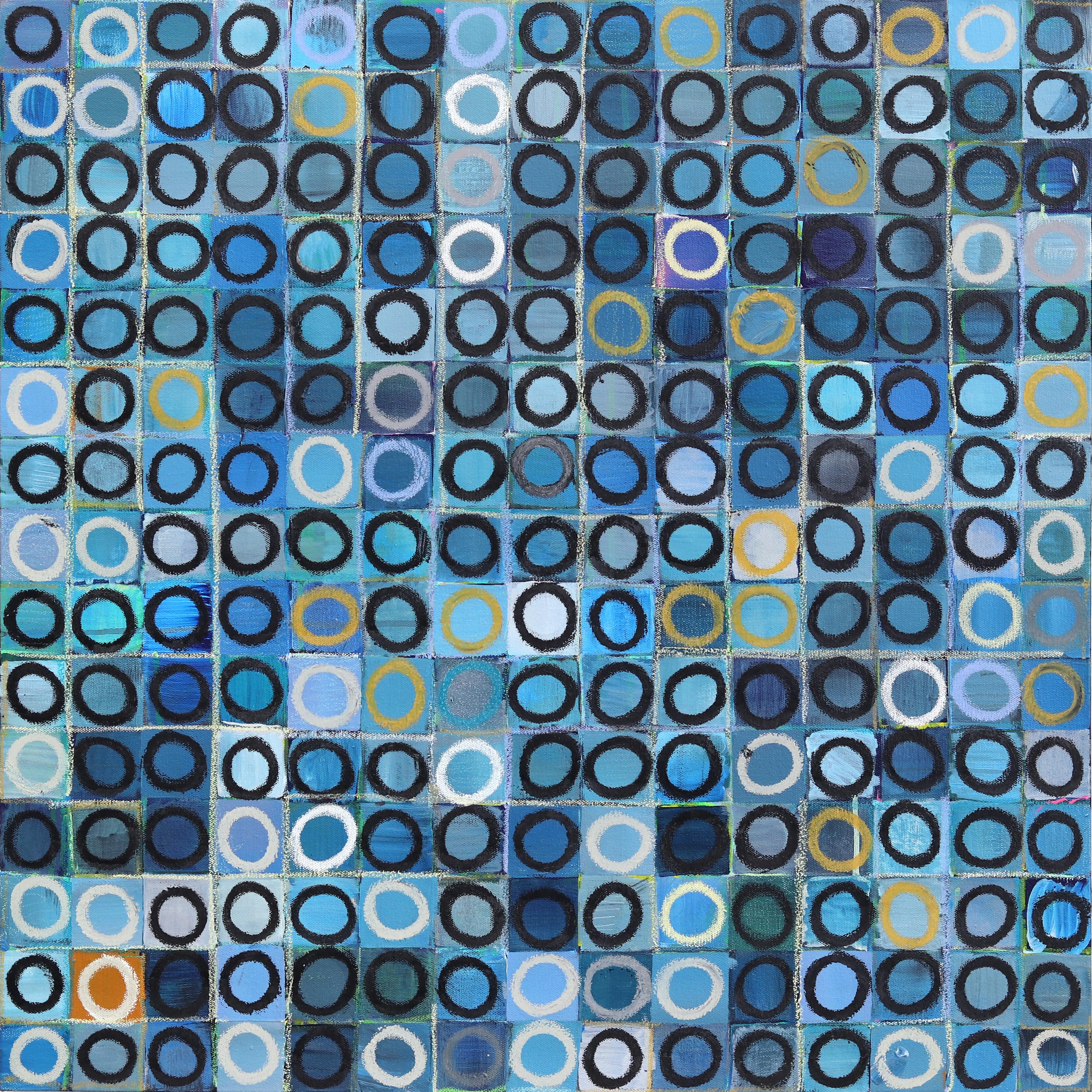 225 Cerchi V.I.I. - Pittura originale astratta geometrica contemporanea blu e bianca
