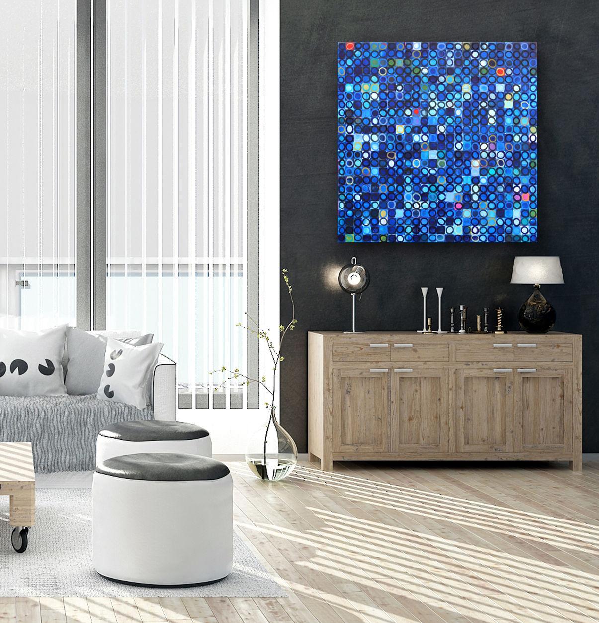 576 Circles V3 - Blue Abstract Geometric Pattern Original Painting on Canvas For Sale 1