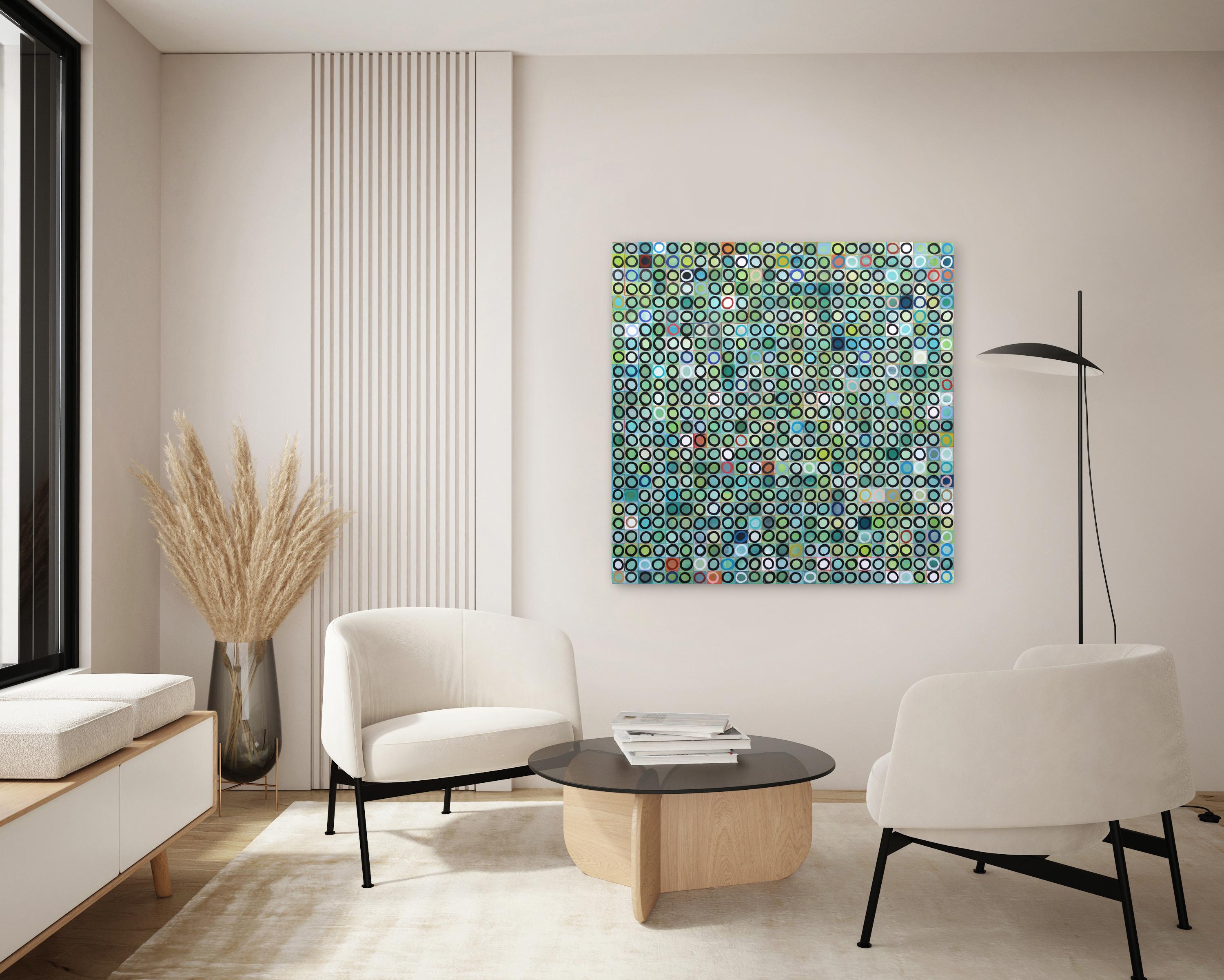 625 cercles - Grande peinture originale géométrique abstraite verte - Painting de Brandon Neher